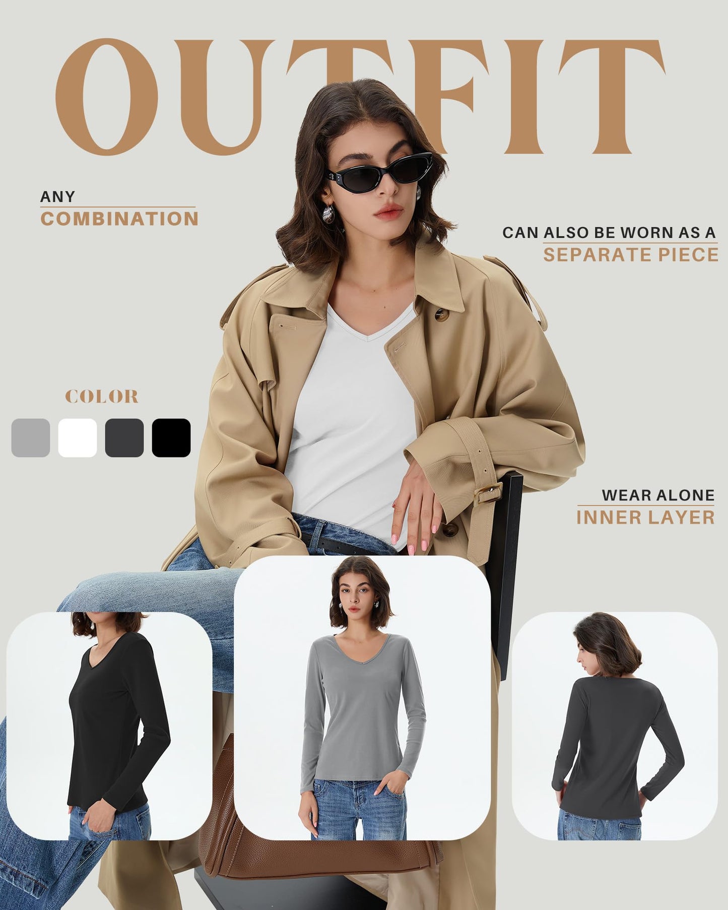 4 Pack Women's Long Sleeve Thermal Shirts Fleece Lined V Neck Slim Fit Underwear Base Layer Basic Winter Warm Tops