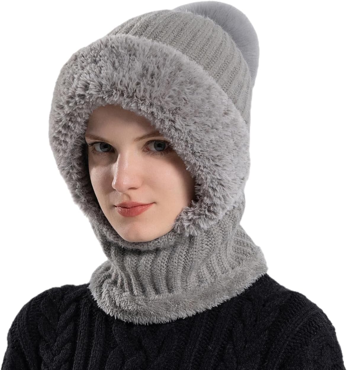 HUAMULAN Women Winter Beanie Hats One Piece Fleece Lined Knit Balaclavas Mask Set Skull Neck Circle Scarf Ski Snow Hat Pompom