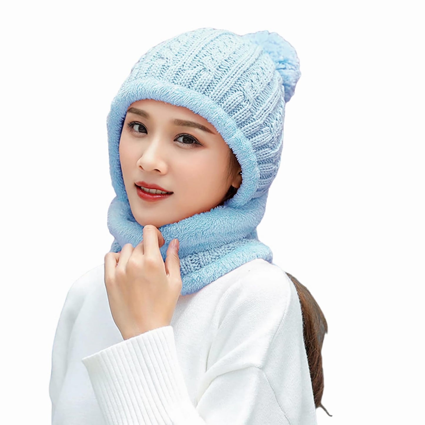HUAMULAN Women Winter Beanie Hats One Piece Fleece Lined Knit Balaclavas Mask Set Skull Neck Circle Scarf Ski Snow Hat Pompom
