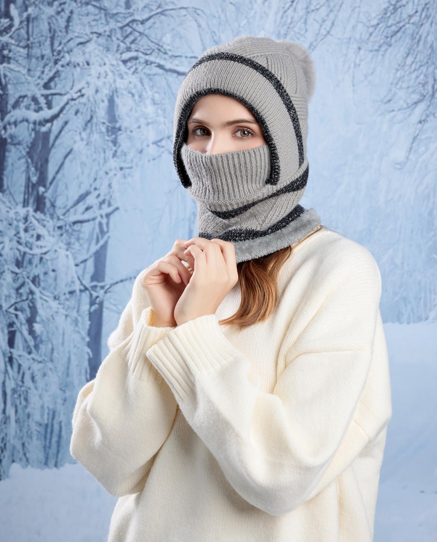 HUAMULAN Women Winter Beanie Hats One Piece Fleece Lined Knit Balaclavas Mask Set Skull Neck Circle Scarf Ski Snow Hat Pompom