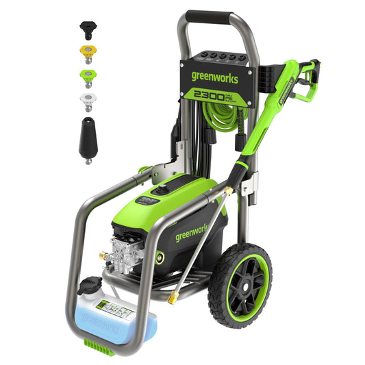Greenworks 2300 PSI TruBrushless (2.3 GPM) Electric Pressure Washer, 25’ Hose, Quick Connect Wand, 15, 24, 40 Degree Soap and Turbo Nozzle