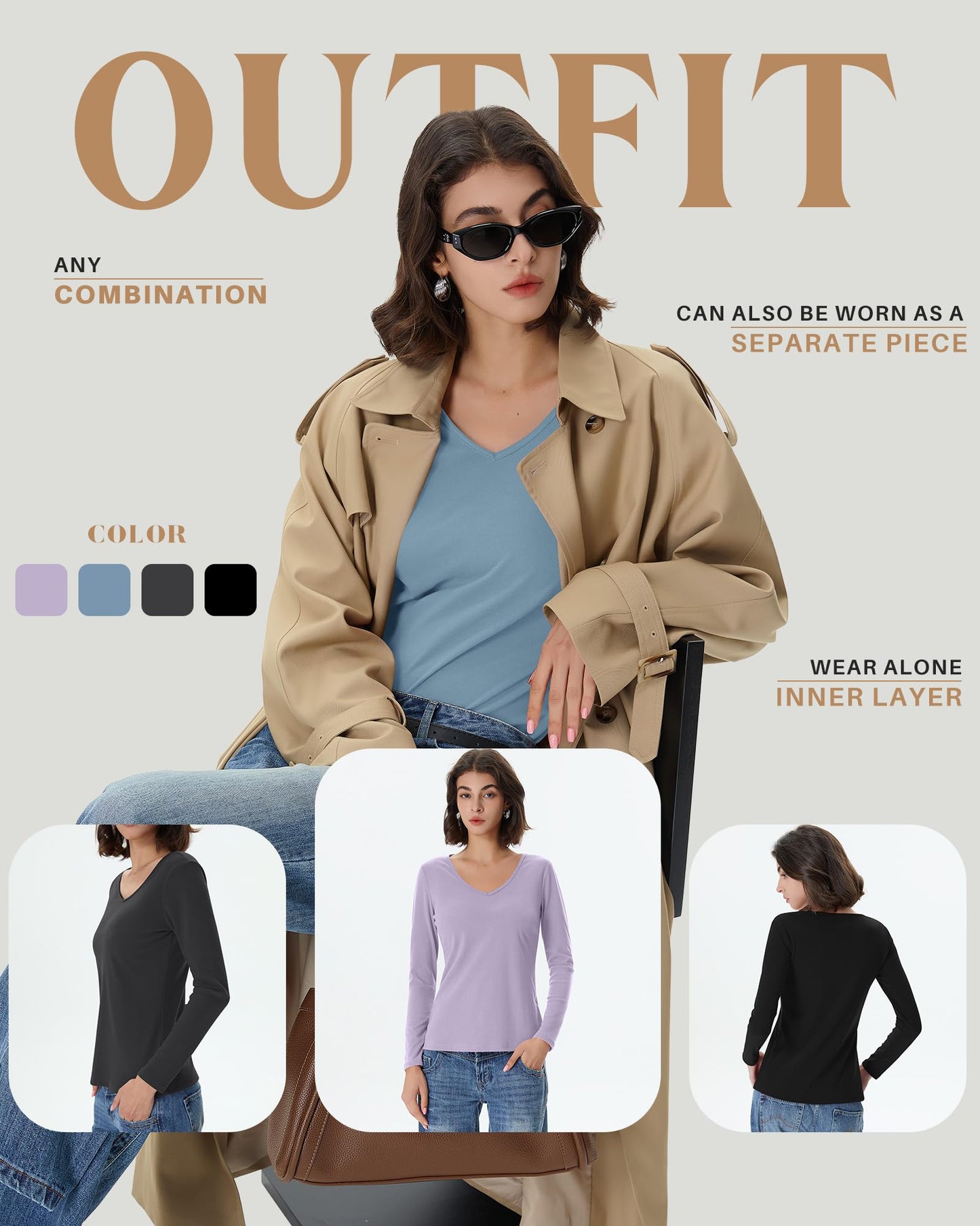 4 Pack Women's Long Sleeve Thermal Shirts Fleece Lined V Neck Slim Fit Underwear Base Layer Basic Winter Warm Tops