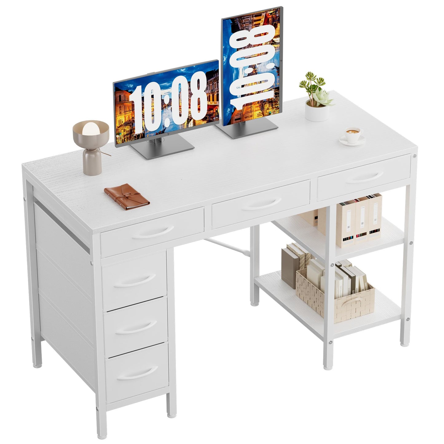 Sweetcrispy 47" Computer Desk with 6 Drawers, Home Office Gaming Desks with Storage Shelves for Bedroom, Writing Study Corner Living Room Work Table Rustic Brown