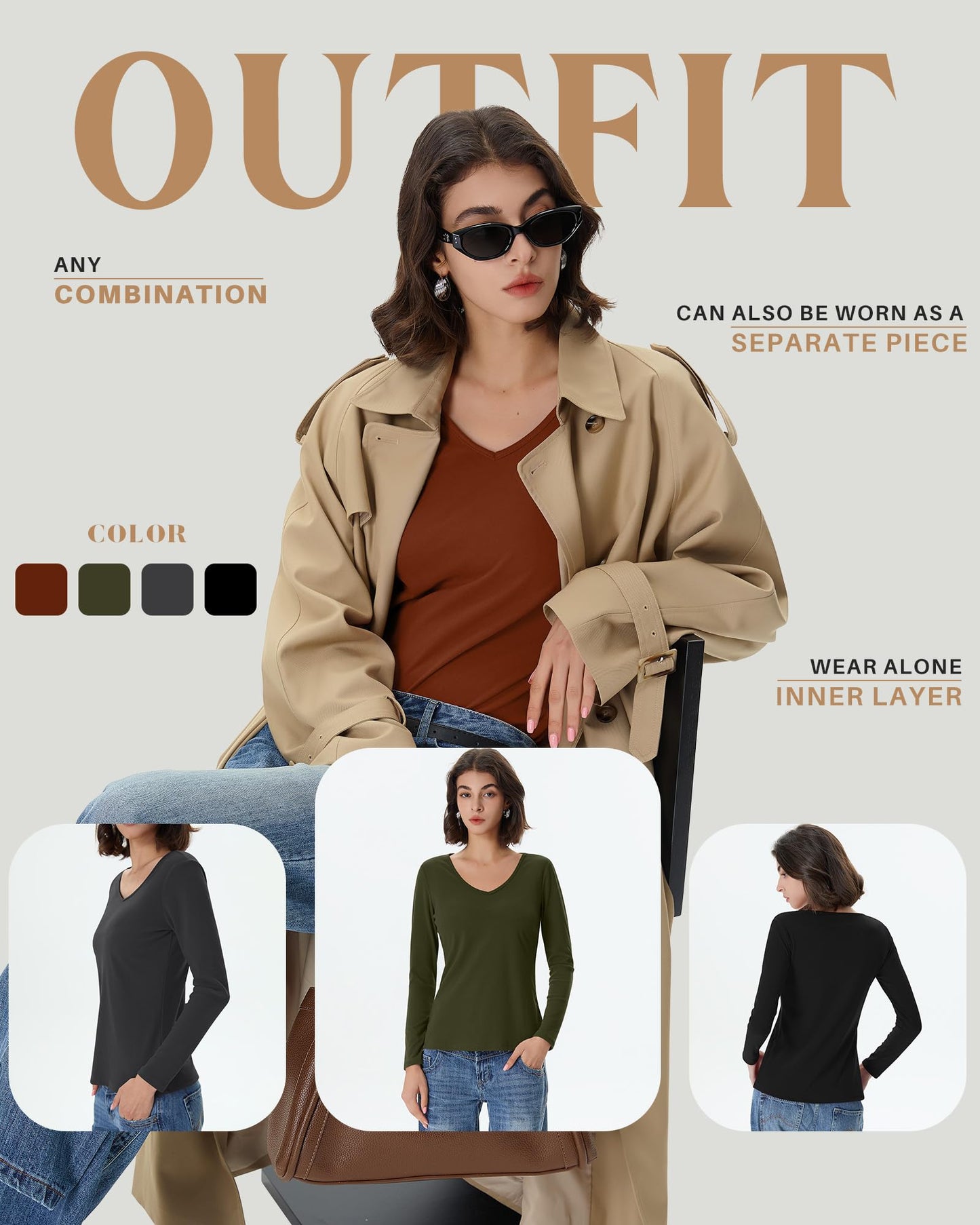 4 Pack Women's Long Sleeve Thermal Shirts Fleece Lined V Neck Slim Fit Underwear Base Layer Basic Winter Warm Tops