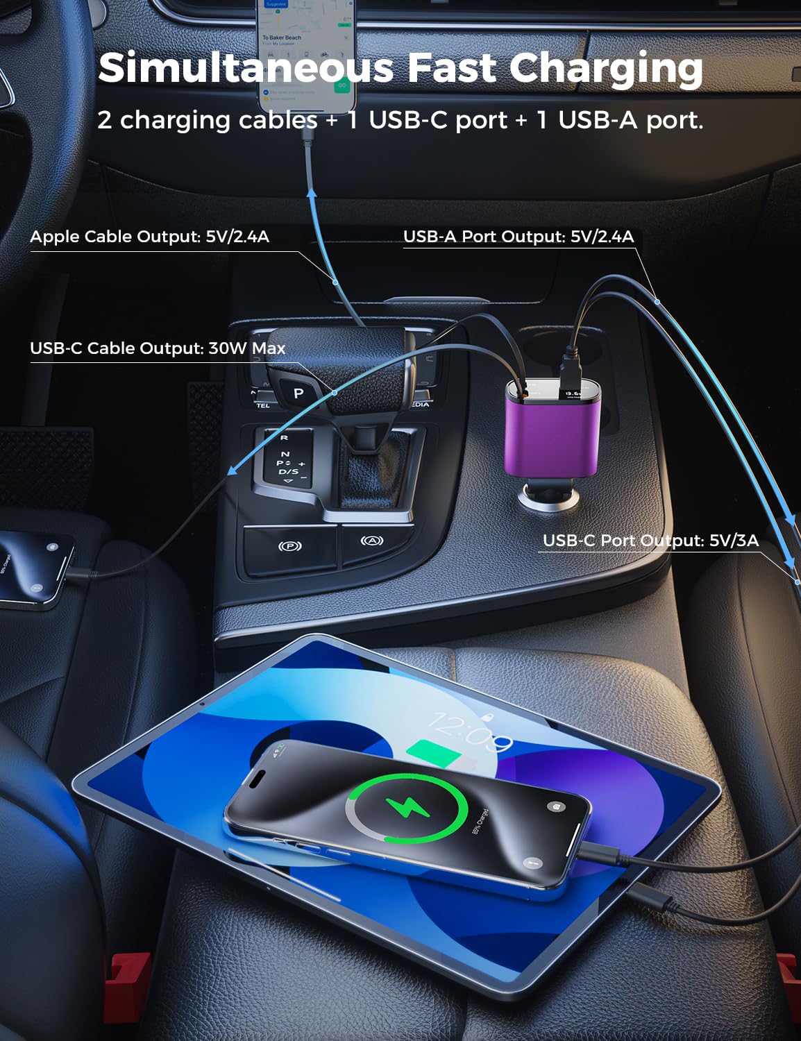 【Upgraded】 SUPERONE Retractable Car Charger 4 in 1, Fast Car Phone Charger with Cord 2.6ft, USB C and Apple Car Adapter, Compatible with iPhone 17 16 15/15 Pro Max/14/13/12/11, Galaxy, Pixel