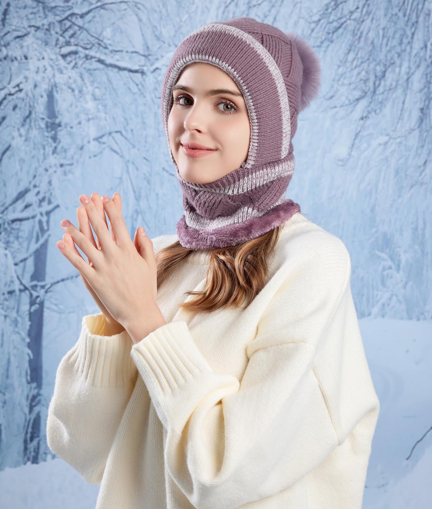 HUAMULAN Women Winter Beanie Hats One Piece Fleece Lined Knit Balaclavas Mask Set Skull Neck Circle Scarf Ski Snow Hat Pompom