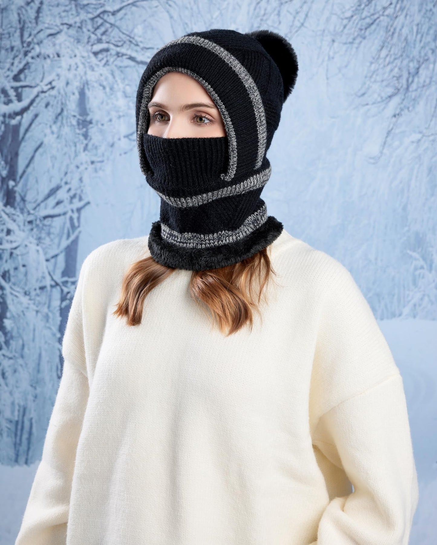 HUAMULAN Women Winter Beanie Hats One Piece Fleece Lined Knit Balaclavas Mask Set Skull Neck Circle Scarf Ski Snow Hat Pompom