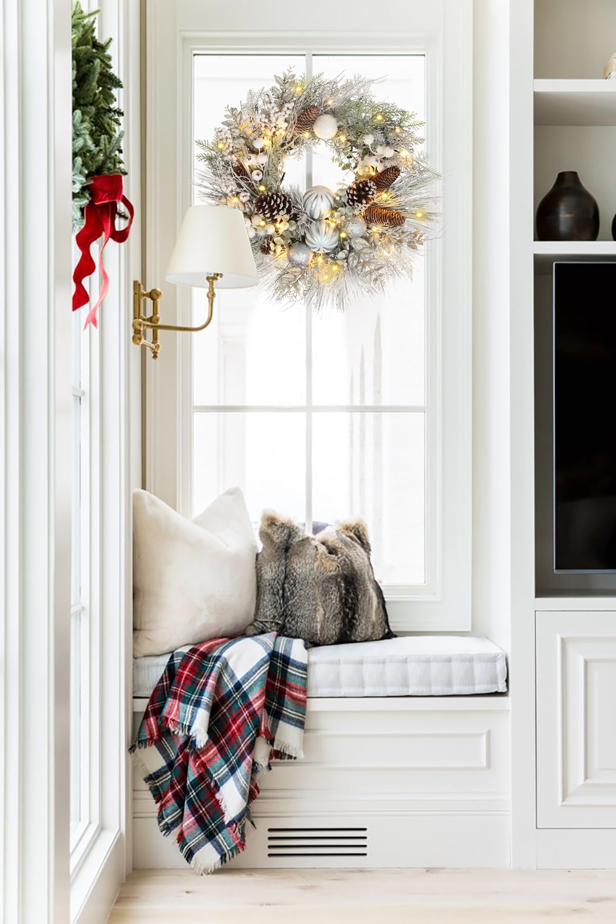 Christmas Wreath for Front Door 24" Large Xmas Wreath with Flocked Pinecone Red Berries Battery Operated 30 LED Lights for Christmas Outdoor Window Fireplaces Walls Home Decor