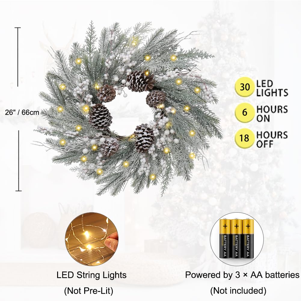 Christmas Wreath for Front Door 24" Large Xmas Wreath with Flocked Pinecone Red Berries Battery Operated 30 LED Lights for Christmas Outdoor Window Fireplaces Walls Home Decor