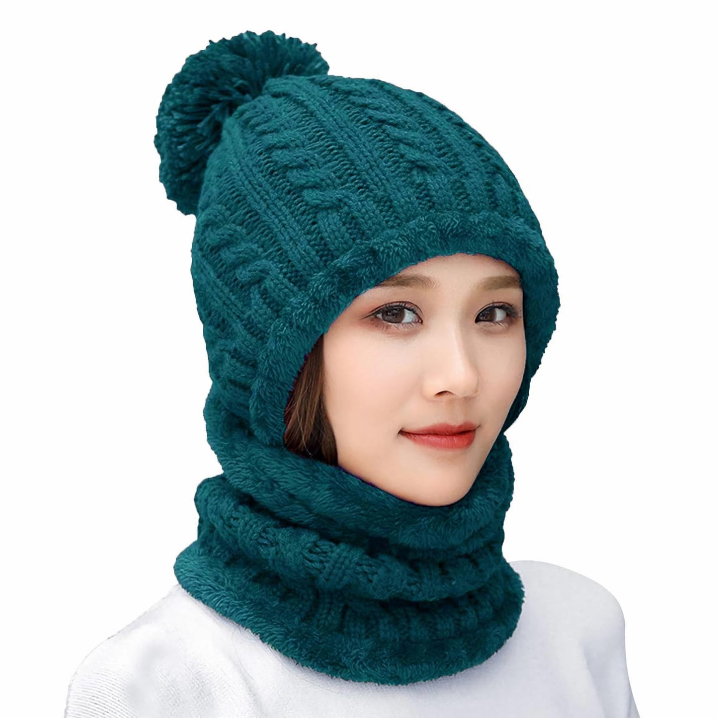 HUAMULAN Women Winter Beanie Hats One Piece Fleece Lined Knit Balaclavas Mask Set Skull Neck Circle Scarf Ski Snow Hat Pompom