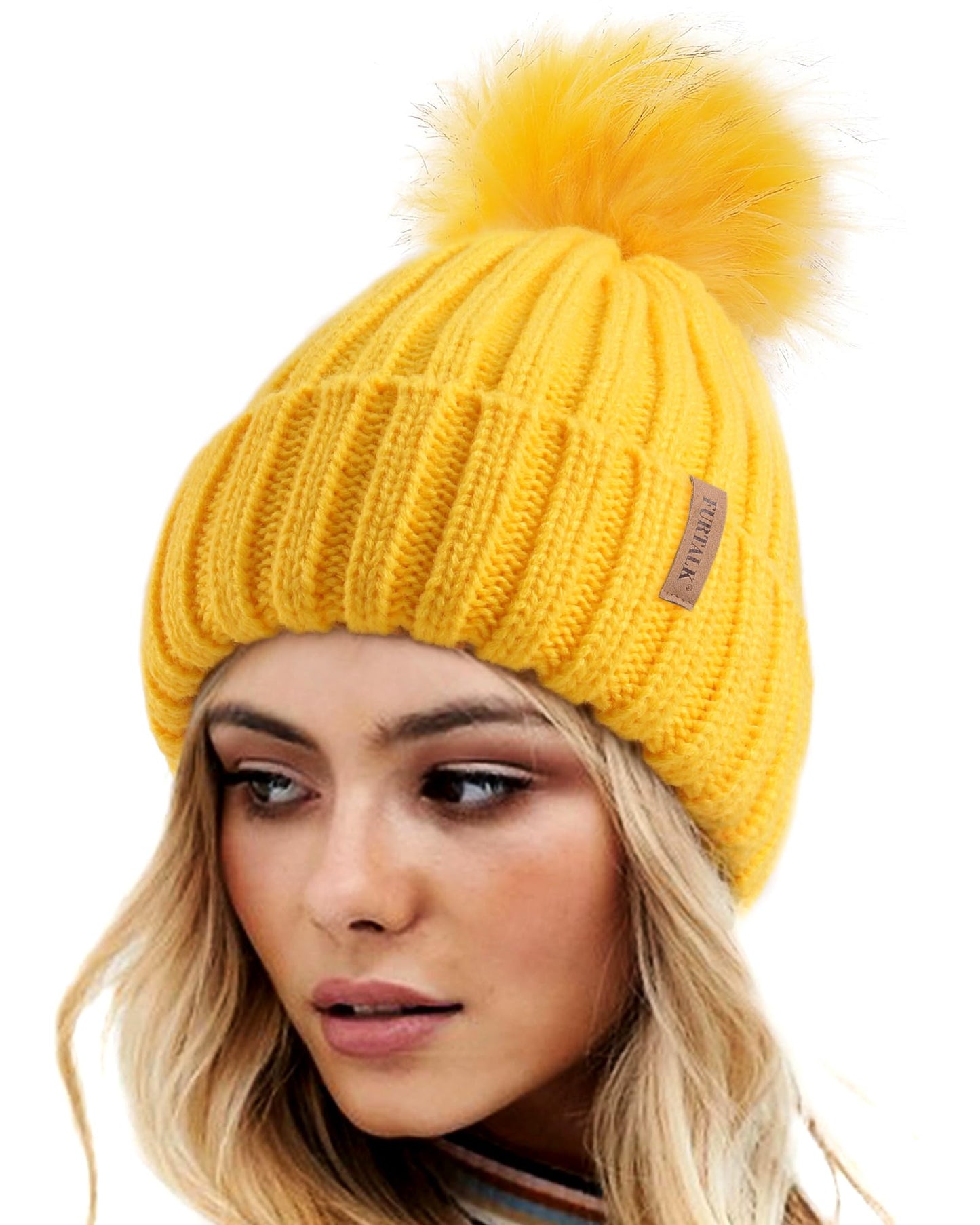 FURTALK Womens Winter Knitted Beanie Hat with Faux Fur Pom Warm Knit Skull Cap Beanie for Women