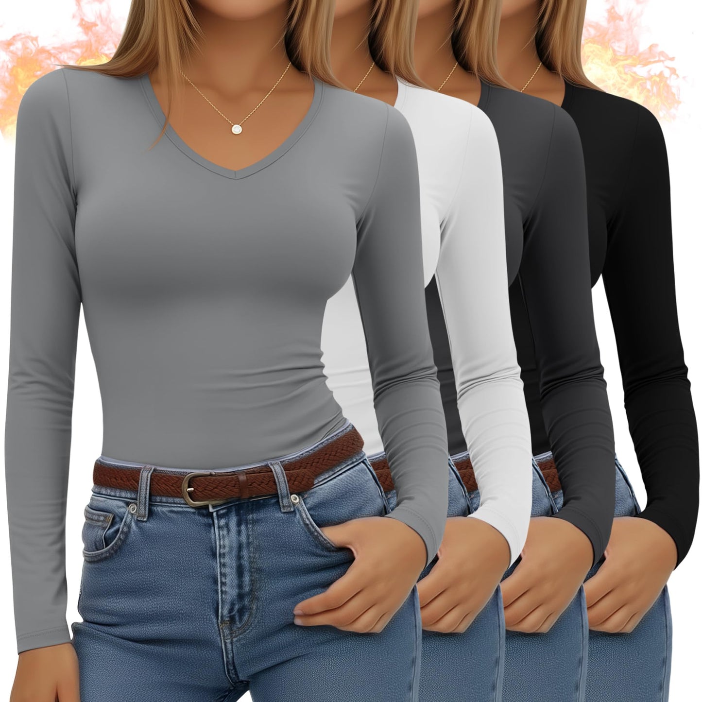 4 Pack Women's Long Sleeve Thermal Shirts Fleece Lined V Neck Slim Fit Underwear Base Layer Basic Winter Warm Tops