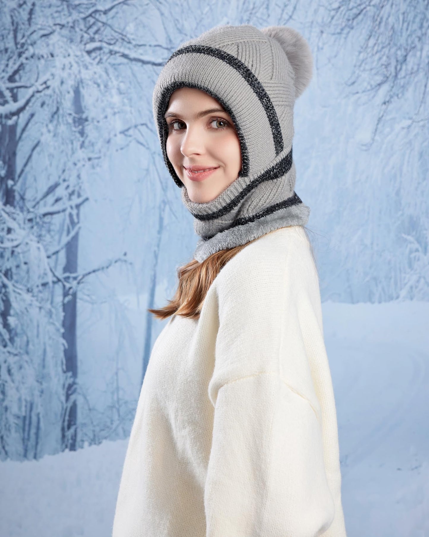HUAMULAN Women Winter Beanie Hats One Piece Fleece Lined Knit Balaclavas Mask Set Skull Neck Circle Scarf Ski Snow Hat Pompom
