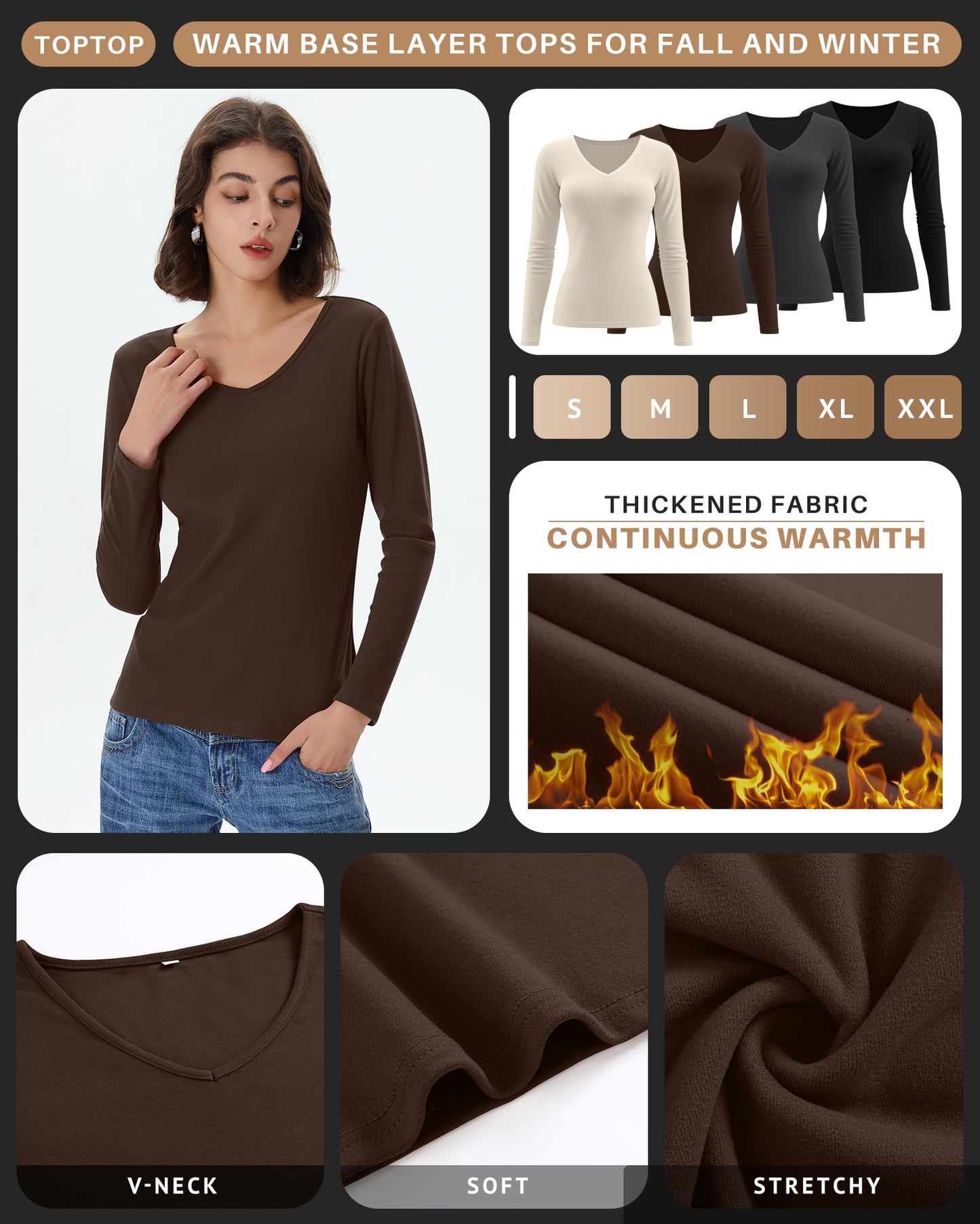 4 Pack Women's Long Sleeve Thermal Shirts Fleece Lined V Neck Slim Fit Underwear Base Layer Basic Winter Warm Tops