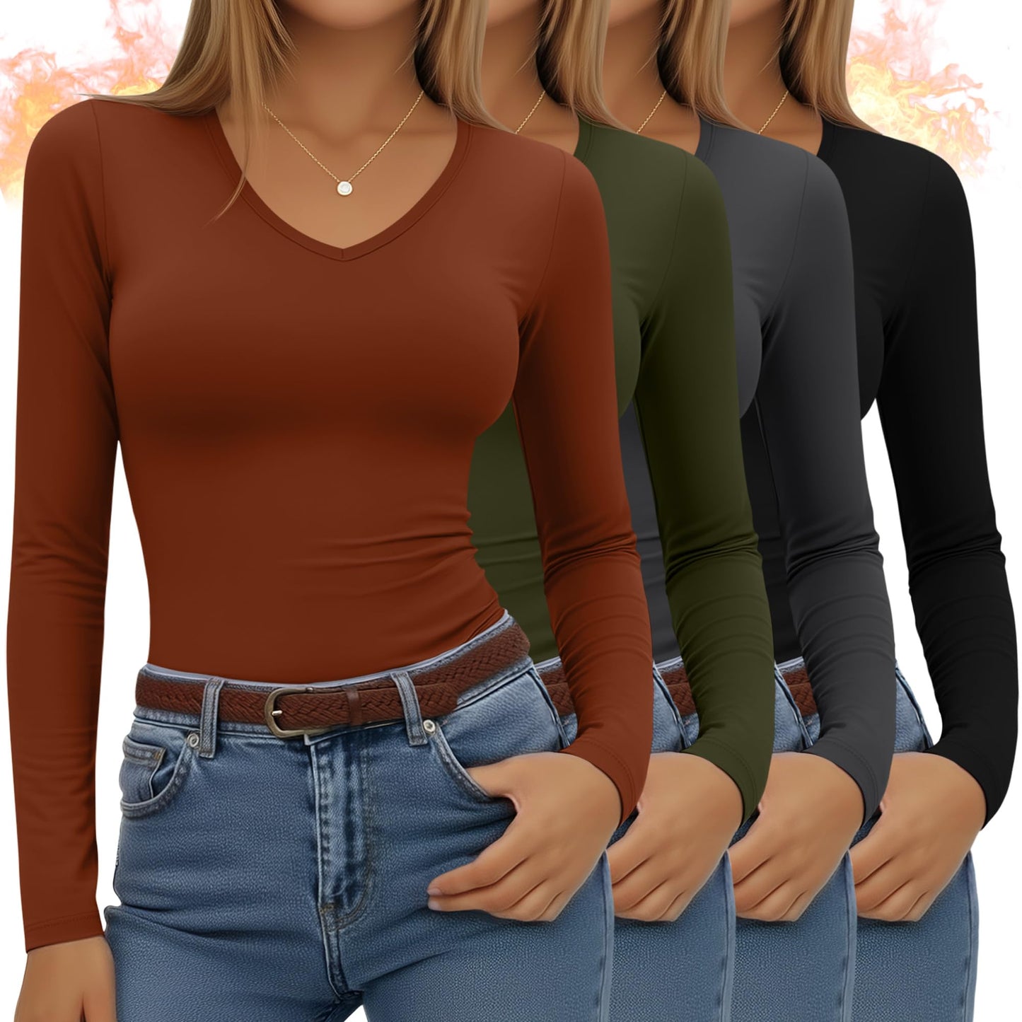 4 Pack Women's Long Sleeve Thermal Shirts Fleece Lined V Neck Slim Fit Underwear Base Layer Basic Winter Warm Tops