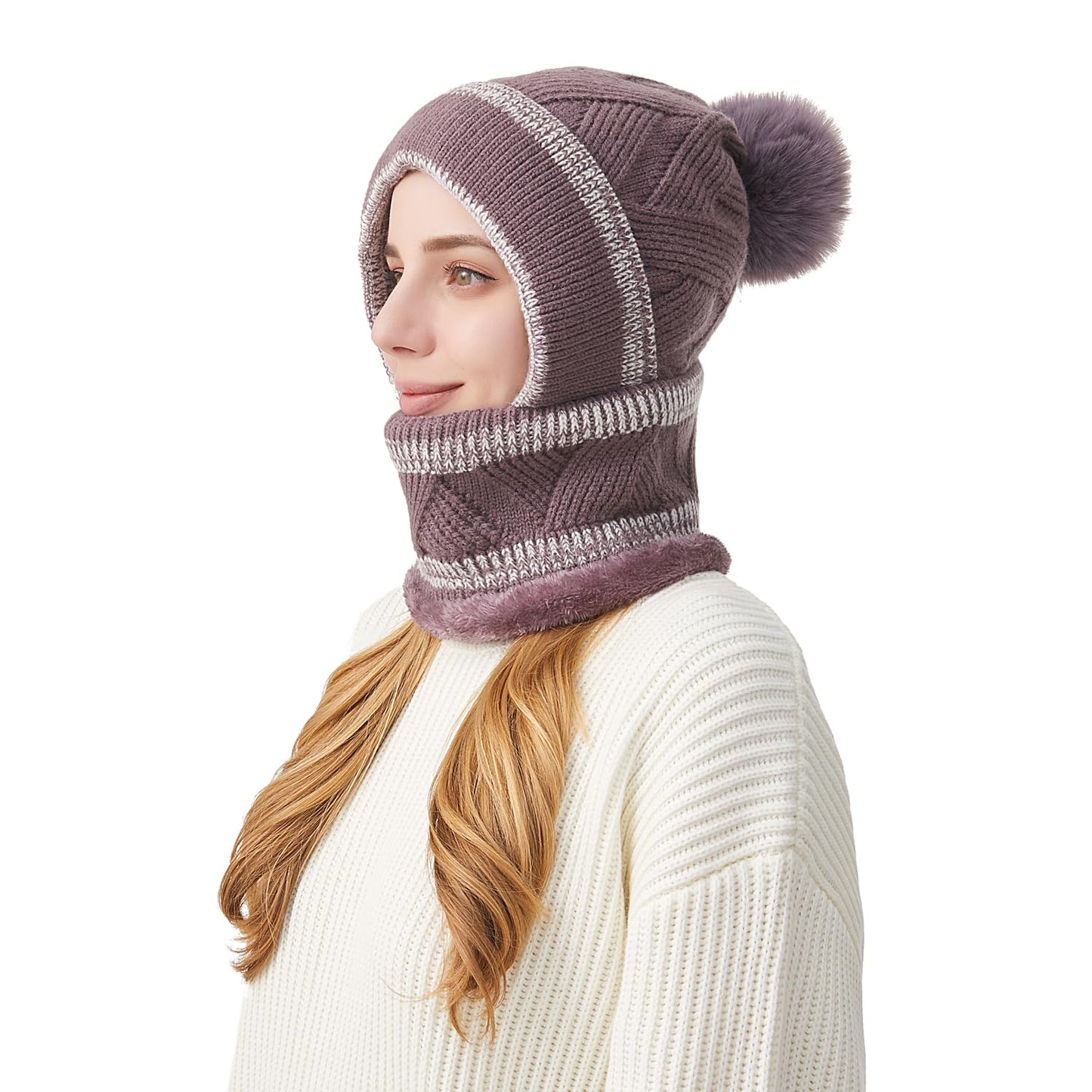 HUAMULAN Women Winter Beanie Hats One Piece Fleece Lined Knit Balaclavas Mask Set Skull Neck Circle Scarf Ski Snow Hat Pompom
