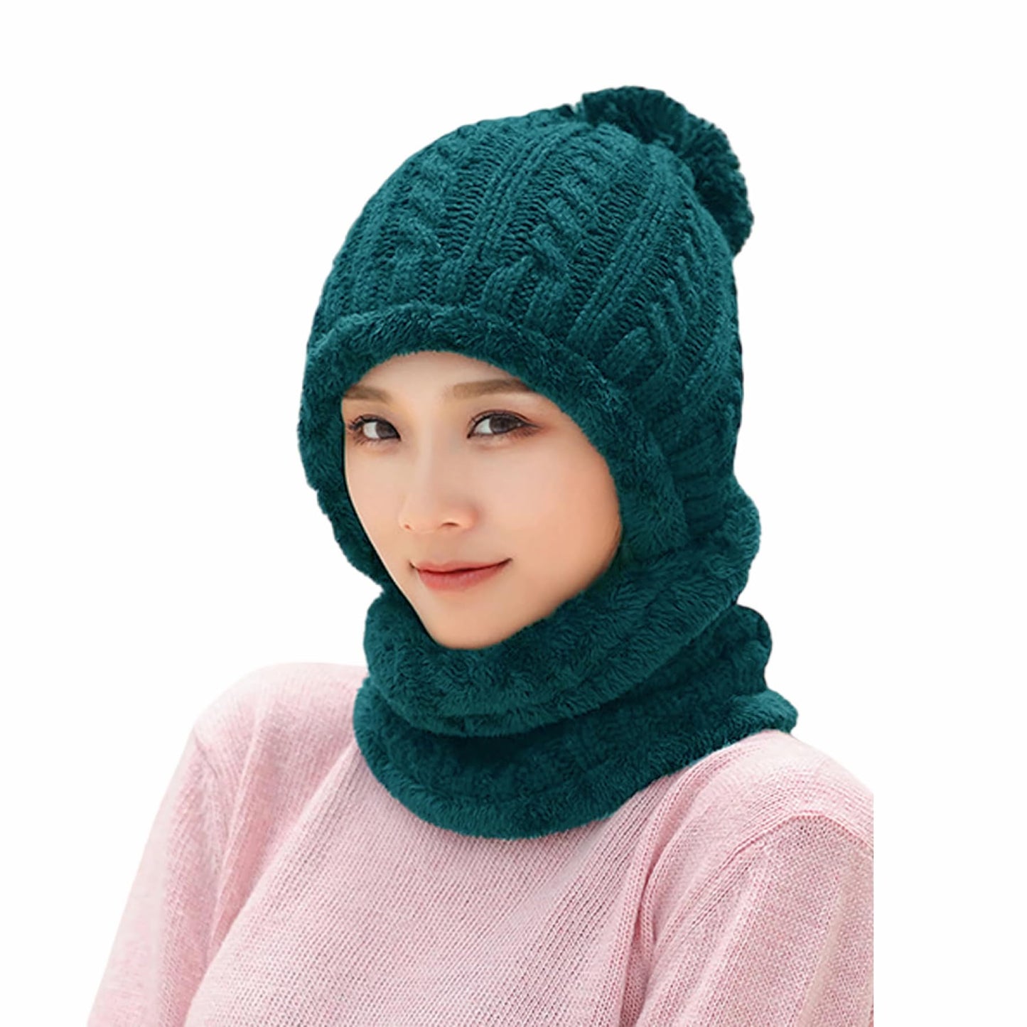 HUAMULAN Women Winter Beanie Hats One Piece Fleece Lined Knit Balaclavas Mask Set Skull Neck Circle Scarf Ski Snow Hat Pompom