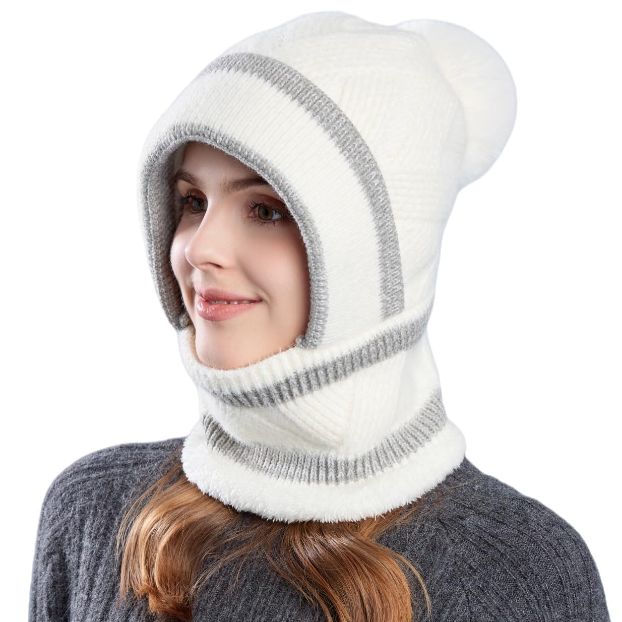 HUAMULAN Women Winter Beanie Hats One Piece Fleece Lined Knit Balaclavas Mask Set Skull Neck Circle Scarf Ski Snow Hat Pompom