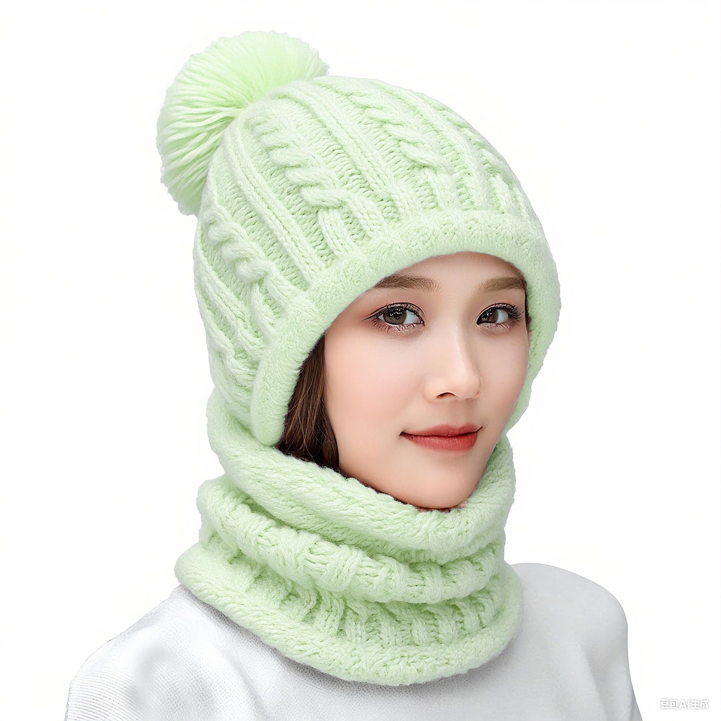HUAMULAN Women Winter Beanie Hats One Piece Fleece Lined Knit Balaclavas Mask Set Skull Neck Circle Scarf Ski Snow Hat Pompom