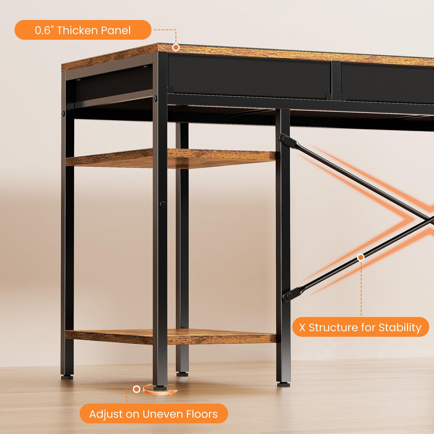 Sweetcrispy 47" Computer Desk with 6 Drawers, Home Office Gaming Desks with Storage Shelves for Bedroom, Writing Study Corner Living Room Work Table Rustic Brown