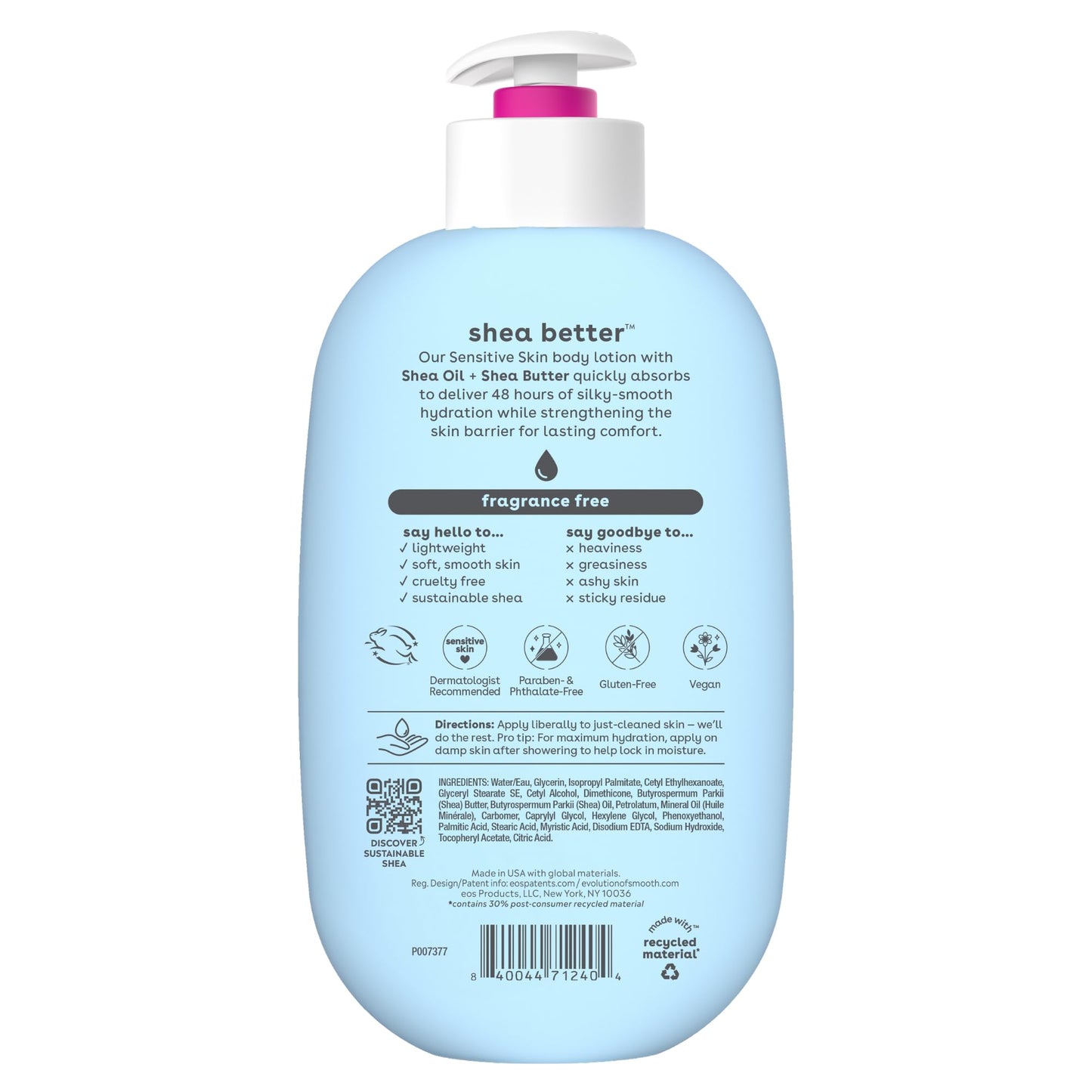 eos Shea Better Body Lotion, Fresh & Cozy, 24-Hour Moisture Skin Care, Lightweight & Non-Greasy, Natural Shea, Vegan, 16 fl oz