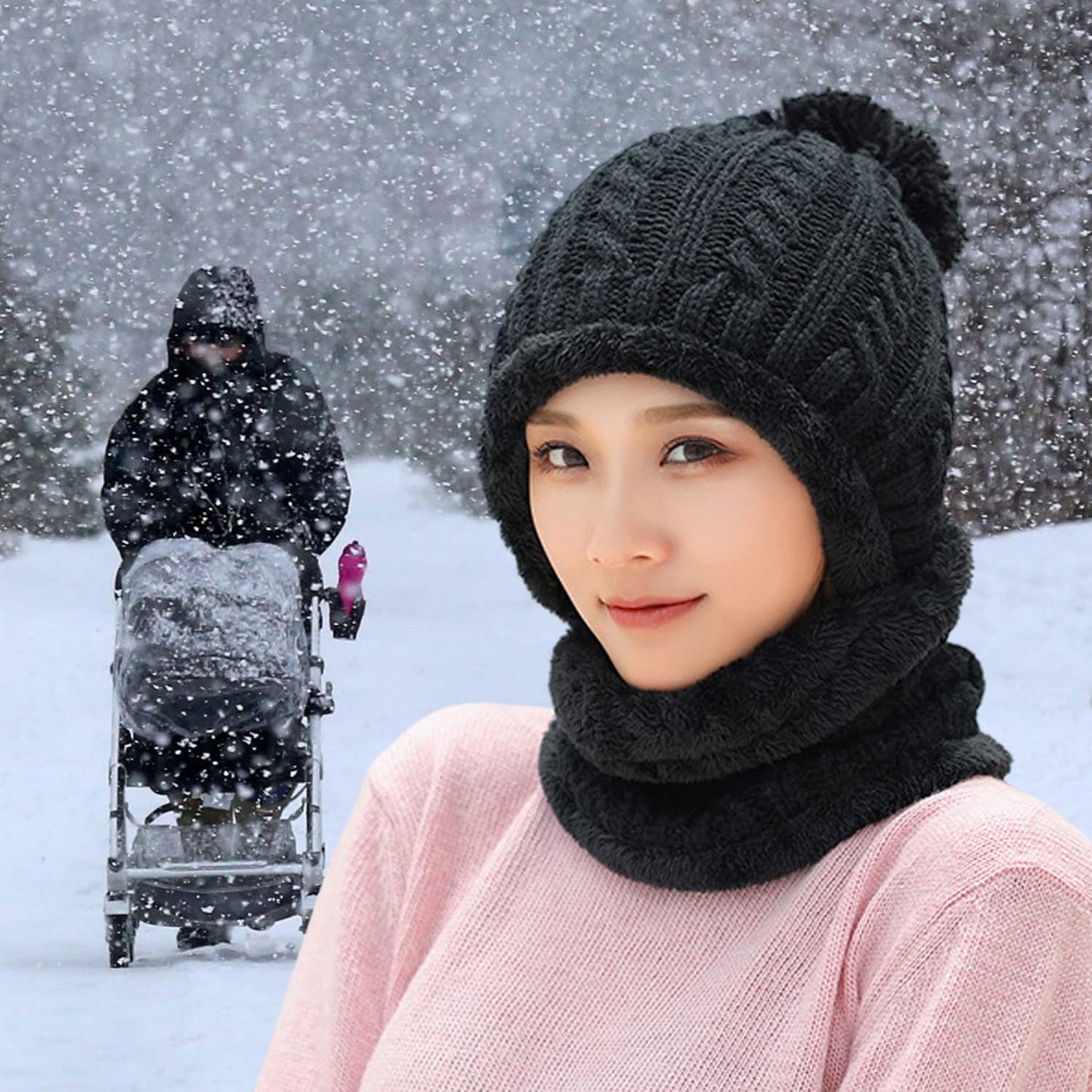 HUAMULAN Women Winter Beanie Hats One Piece Fleece Lined Knit Balaclavas Mask Set Skull Neck Circle Scarf Ski Snow Hat Pompom