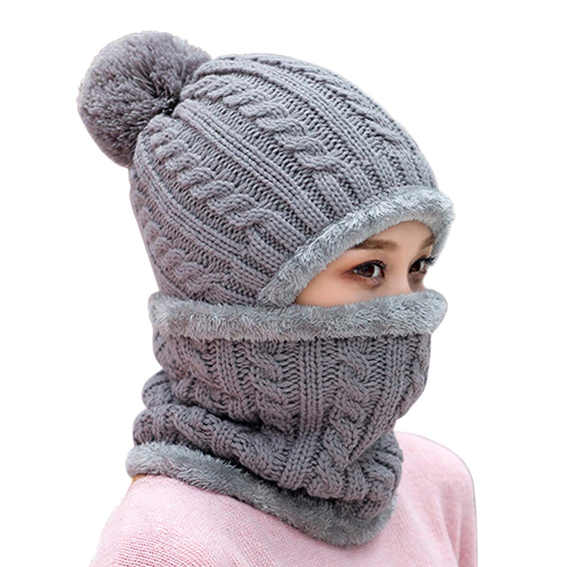 HUAMULAN Women Winter Beanie Hats One Piece Fleece Lined Knit Balaclavas Mask Set Skull Neck Circle Scarf Ski Snow Hat Pompom