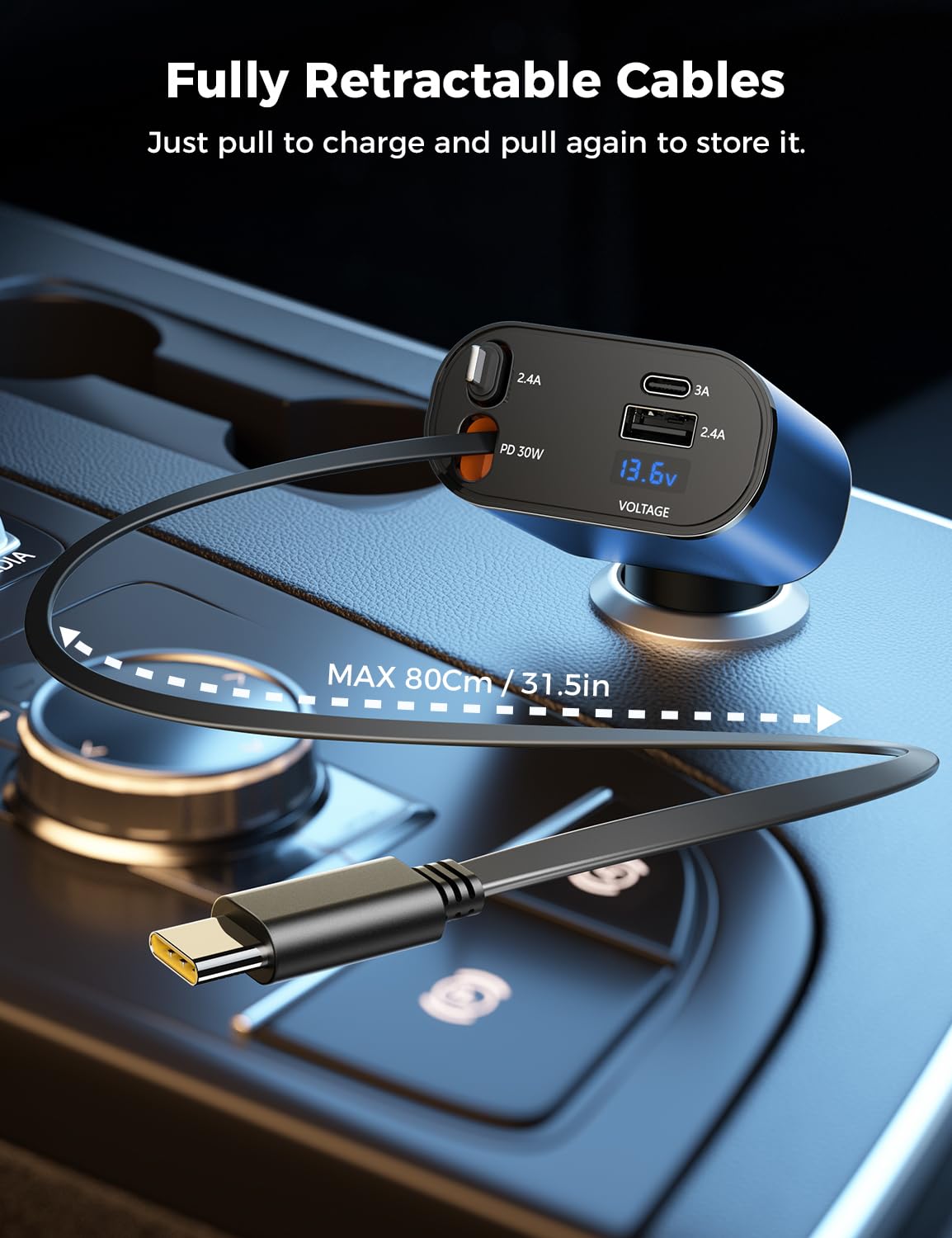 【Upgraded】 SUPERONE Retractable Car Charger 4 in 1, Fast Car Phone Charger with Cord 2.6ft, USB C and Apple Car Adapter, Compatible with iPhone 17 16 15/15 Pro Max/14/13/12/11, Galaxy, Pixel