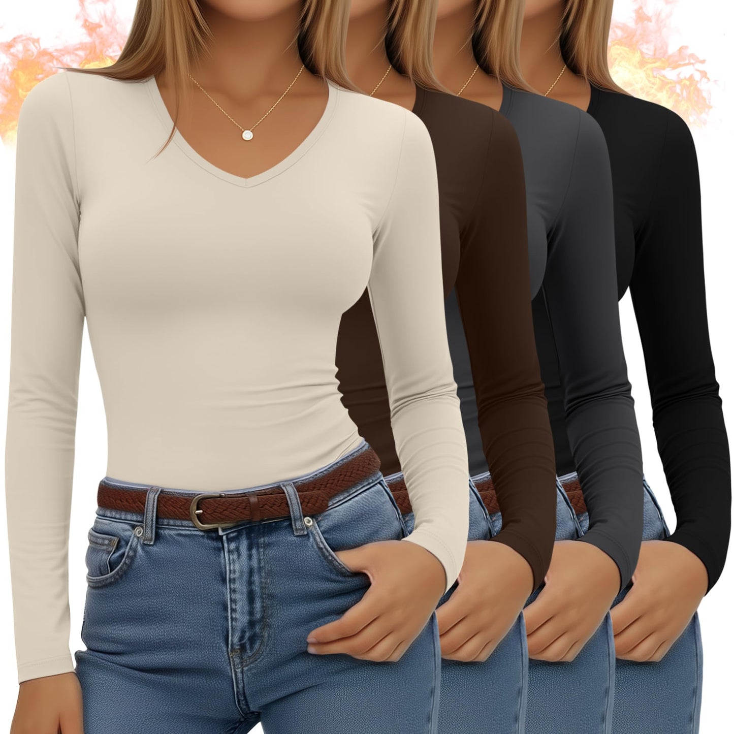 4 Pack Women's Long Sleeve Thermal Shirts Fleece Lined V Neck Slim Fit Underwear Base Layer Basic Winter Warm Tops