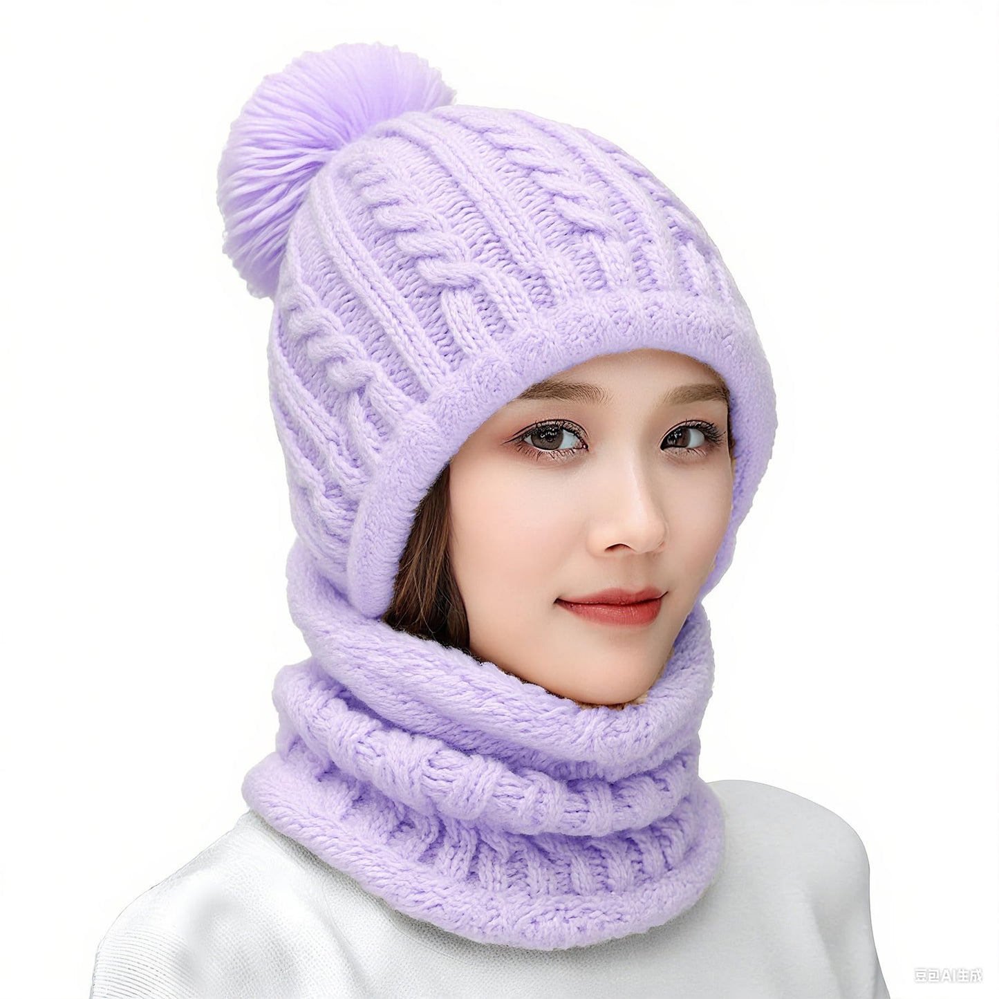 HUAMULAN Women Winter Beanie Hats One Piece Fleece Lined Knit Balaclavas Mask Set Skull Neck Circle Scarf Ski Snow Hat Pompom