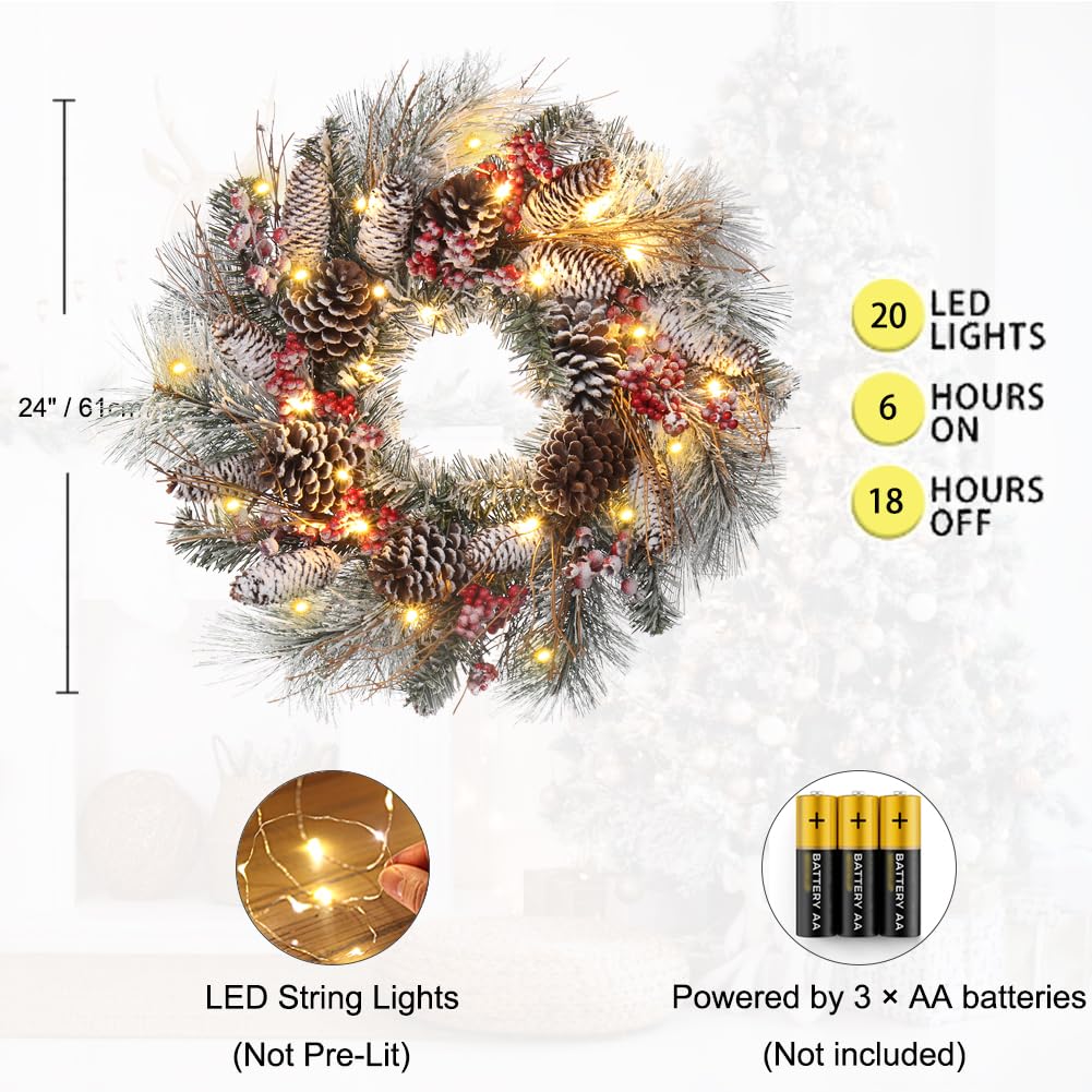 Christmas Wreath for Front Door 24" Large Xmas Wreath with Flocked Pinecone Red Berries Battery Operated 30 LED Lights for Christmas Outdoor Window Fireplaces Walls Home Decor