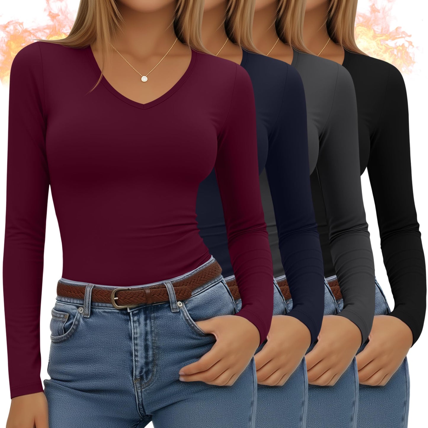 4 Pack Women's Long Sleeve Thermal Shirts Fleece Lined V Neck Slim Fit Underwear Base Layer Basic Winter Warm Tops
