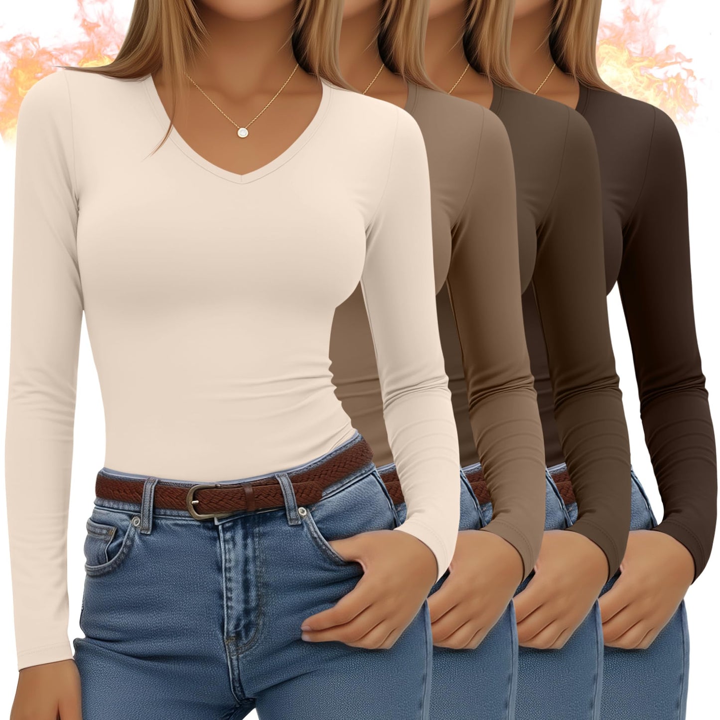 4 Pack Women's Long Sleeve Thermal Shirts Fleece Lined V Neck Slim Fit Underwear Base Layer Basic Winter Warm Tops