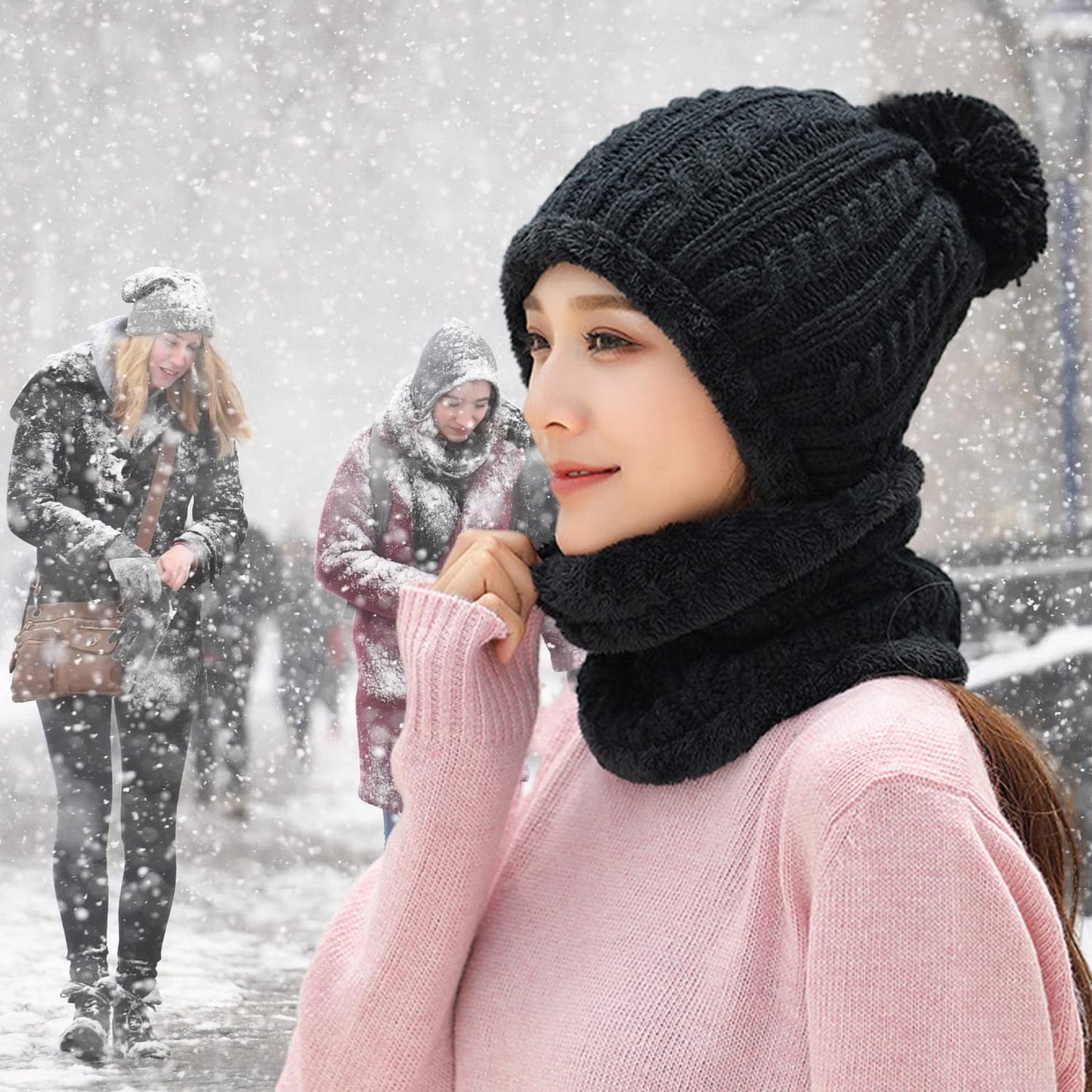 HUAMULAN Women Winter Beanie Hats One Piece Fleece Lined Knit Balaclavas Mask Set Skull Neck Circle Scarf Ski Snow Hat Pompom