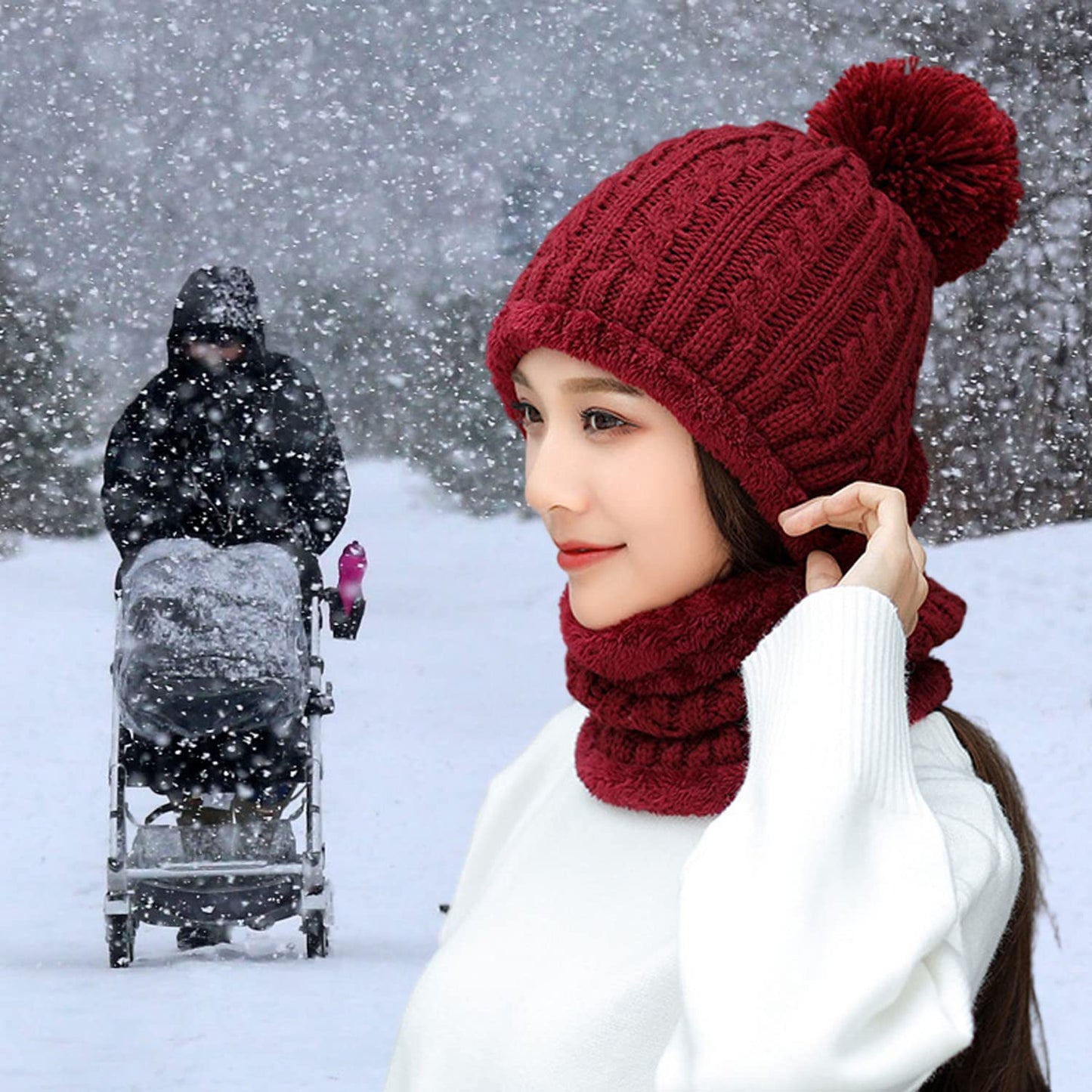 HUAMULAN Women Winter Beanie Hats One Piece Fleece Lined Knit Balaclavas Mask Set Skull Neck Circle Scarf Ski Snow Hat Pompom
