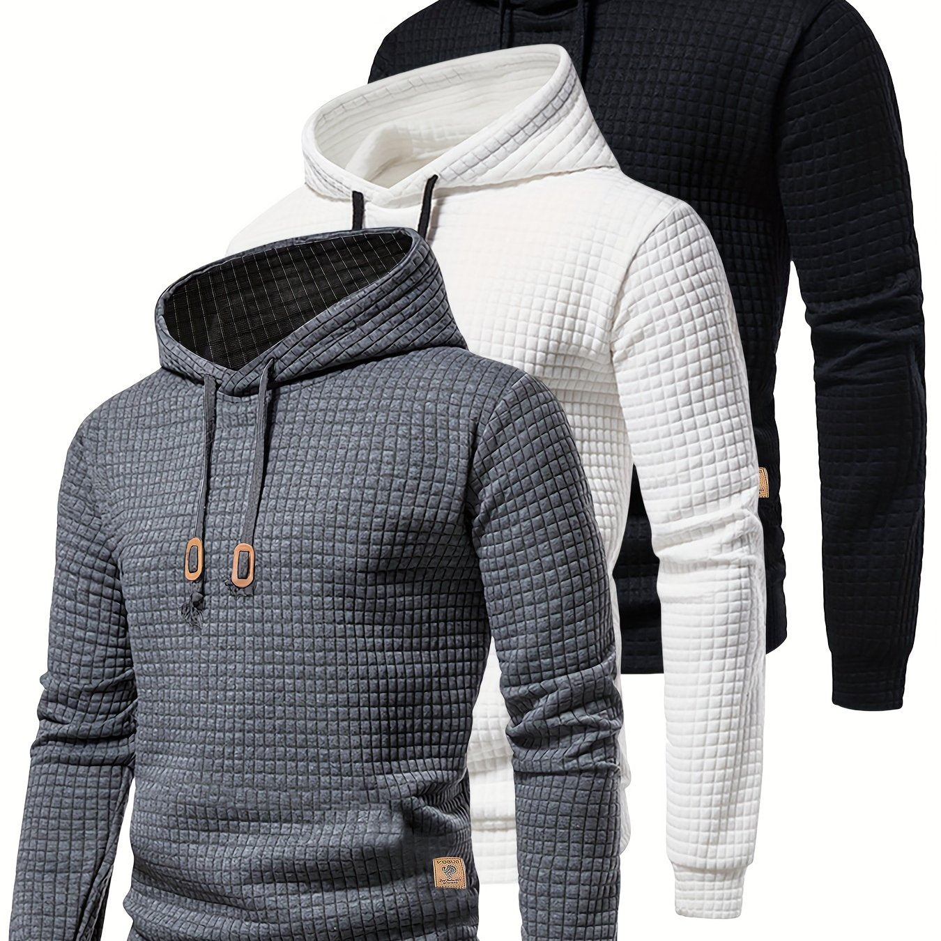 [Trending] 3pcs Men's Waffle-Knit Hoodies - Breathable, Moisture-Wicking & Quick-Dry for Running, Fitness & Casual Wear - Solid Color with Adjustable Drawstring