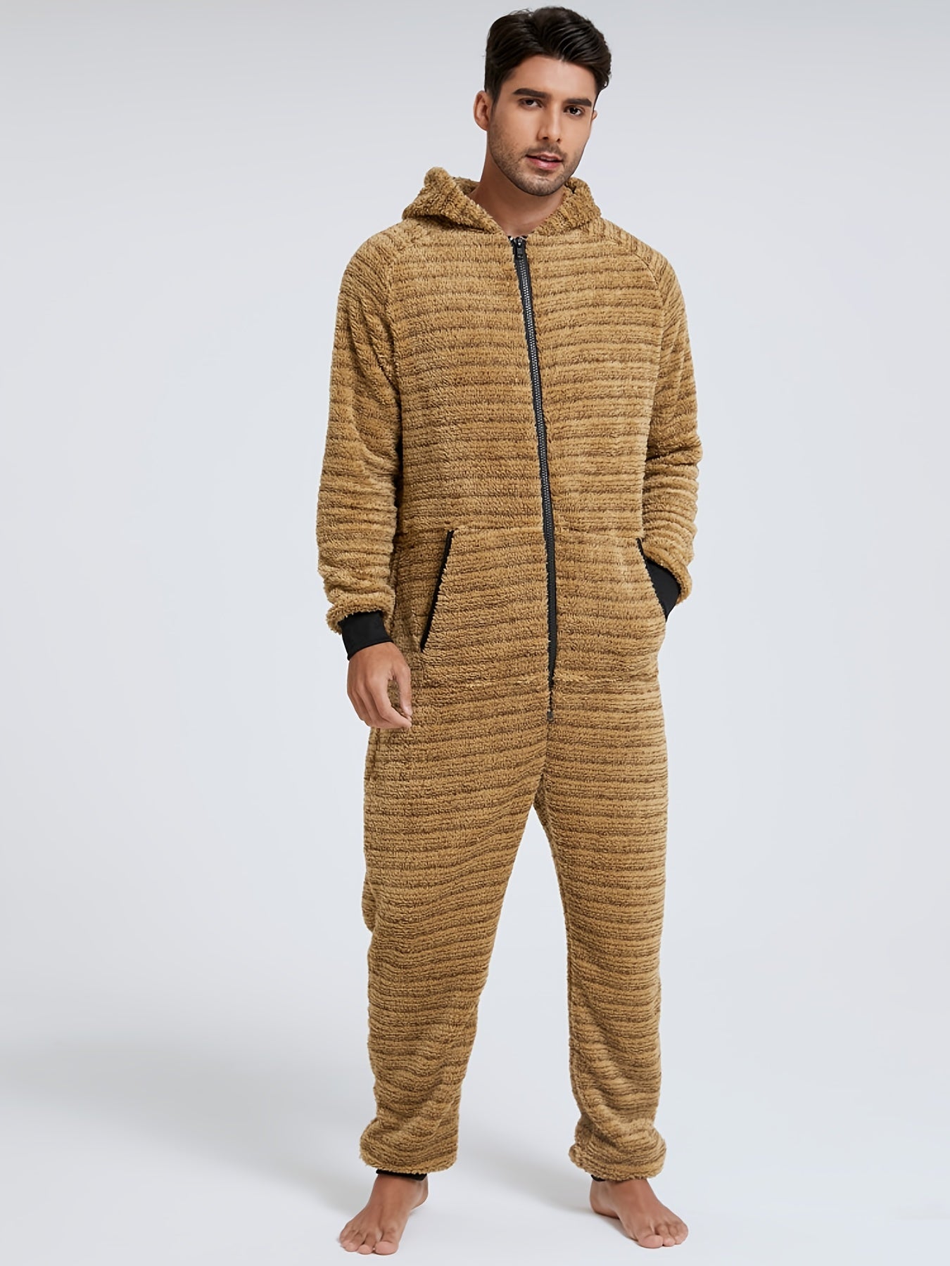 Men'S Heavy-Duty Full-Zip Hooded Onesie - Long Sleeve Winter Sleepwear, Thermal Insulated Lounge suit with Drawstring Hood, Loose Fit Onesie for Cold Weather, Christmas Costume & Everyday Indoor/Outdoor Use - Easy Zipper Clos