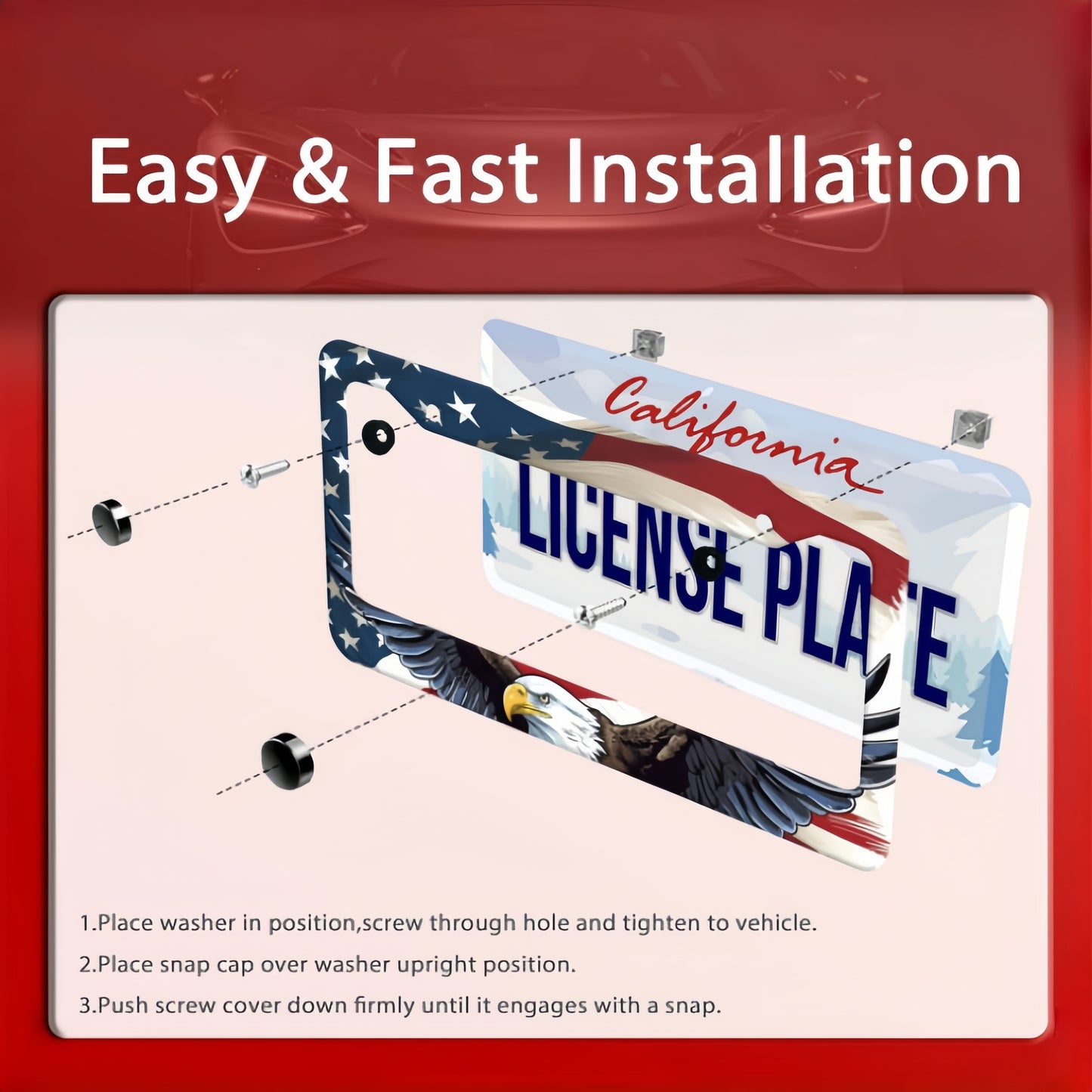 1pc American Flag Eagle License Plate Frame, Patriotic Colorful Metal Rustproof Car Parts, Funny Trim with Screws, 12.3" x 6.3, for Men & Women