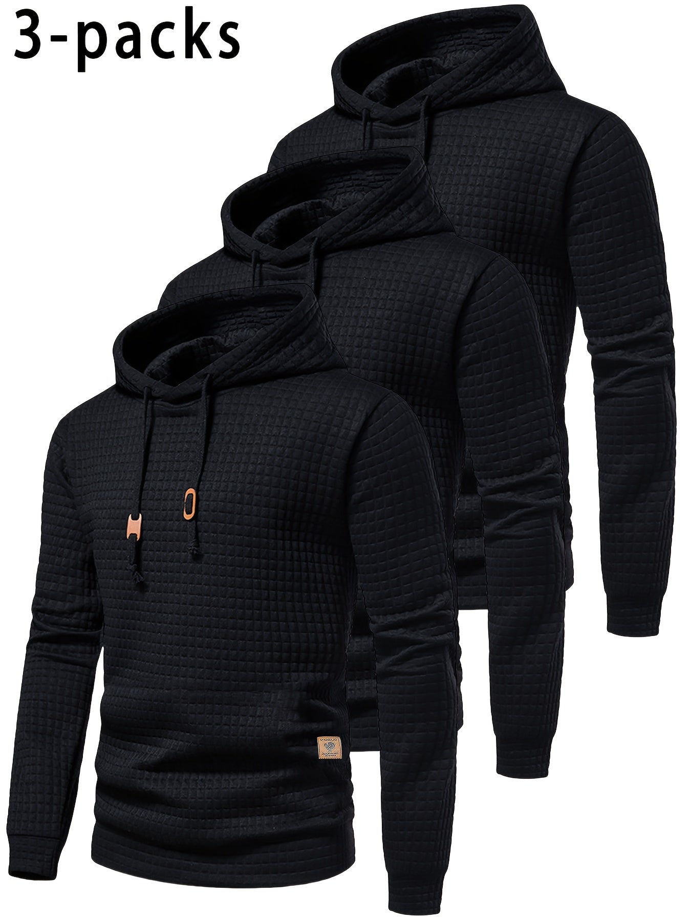 [Trending] 3pcs Men's Waffle-Knit Hoodies - Breathable, Moisture-Wicking & Quick-Dry for Running, Fitness & Casual Wear - Solid Color with Adjustable Drawstring