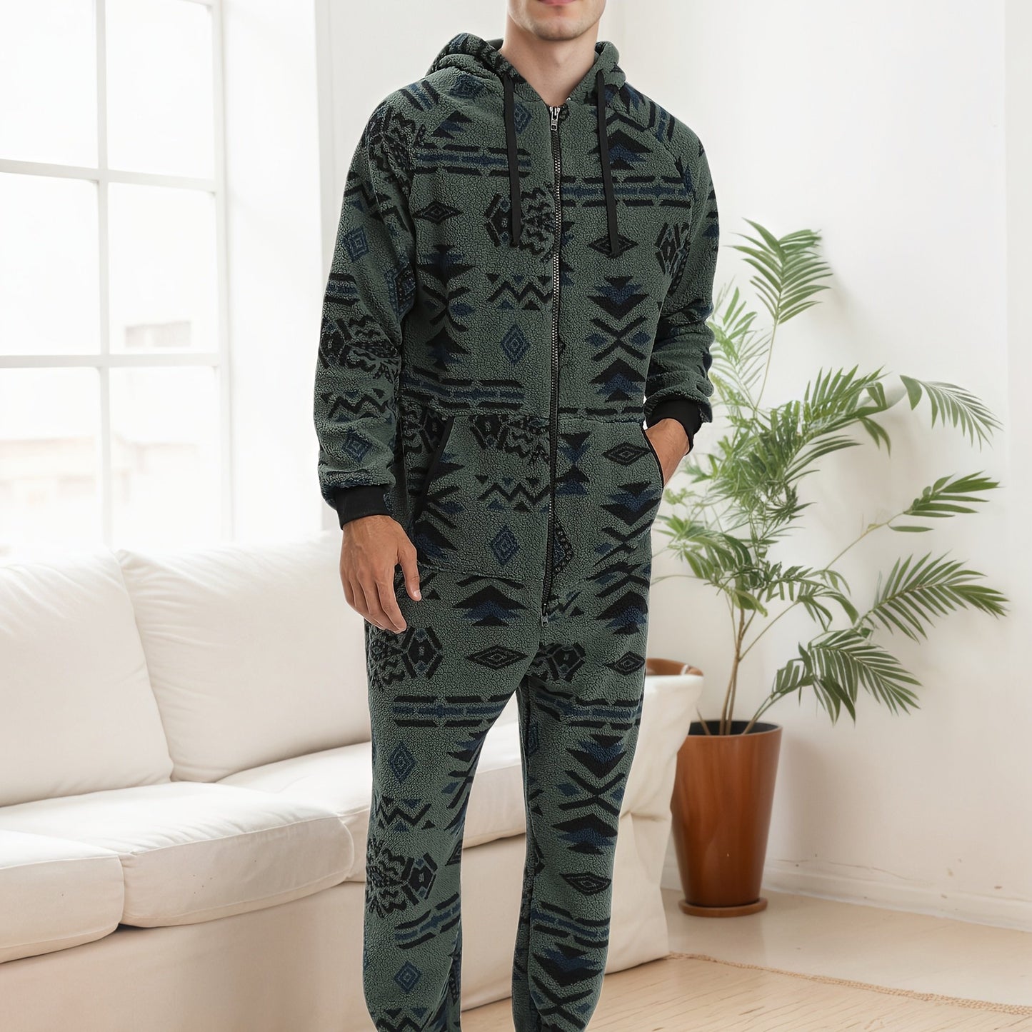 Men'S Heavy-Duty Full-Zip Hooded Onesie - Long Sleeve Winter Sleepwear, Thermal Insulated Lounge suit with Drawstring Hood, Loose Fit Onesie for Cold Weather, Christmas Costume & Everyday Indoor/Outdoor Use - Easy Zipper Clos