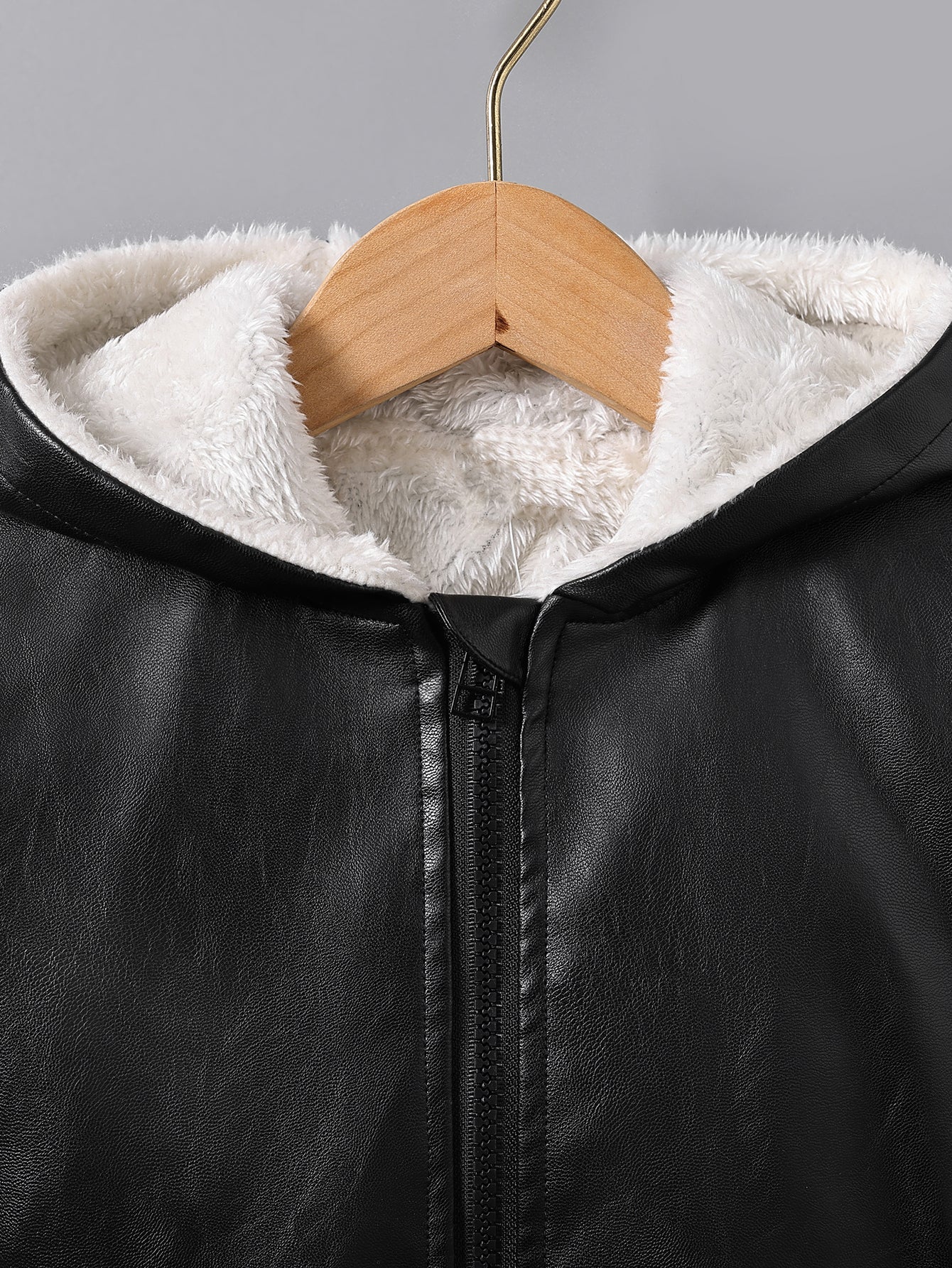 Boys' Faux Leather Jacket with Fleece Lining - Thickened Winter Coat, Full-Zip Front Closure, Machine Washable, Casual Style for Fall/Winter, Regular Fit