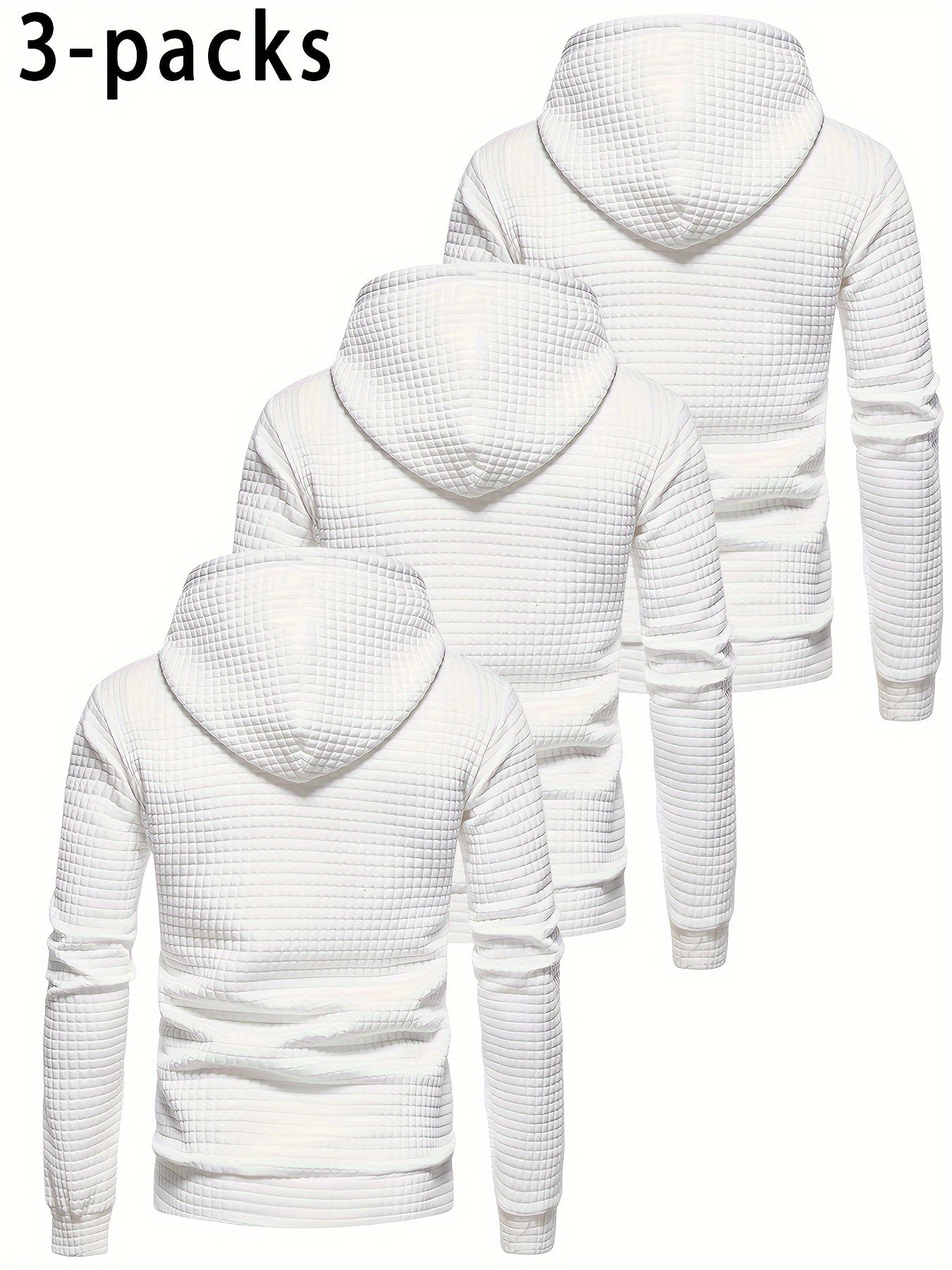 [Trending] 3pcs Men's Waffle-Knit Hoodies - Breathable, Moisture-Wicking & Quick-Dry for Running, Fitness & Casual Wear - Solid Color with Adjustable Drawstring
