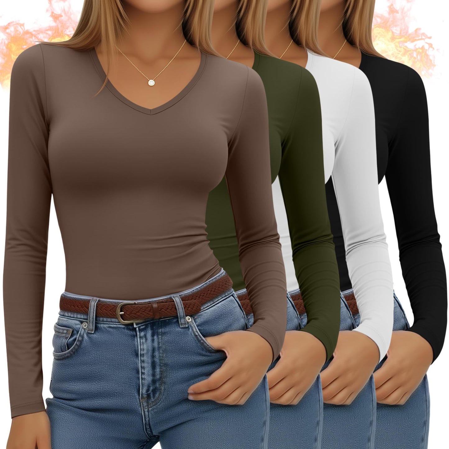 4 Pack Women's Long Sleeve Thermal Shirts Fleece Lined V Neck Slim Fit Underwear Base Layer Basic Winter Warm Tops