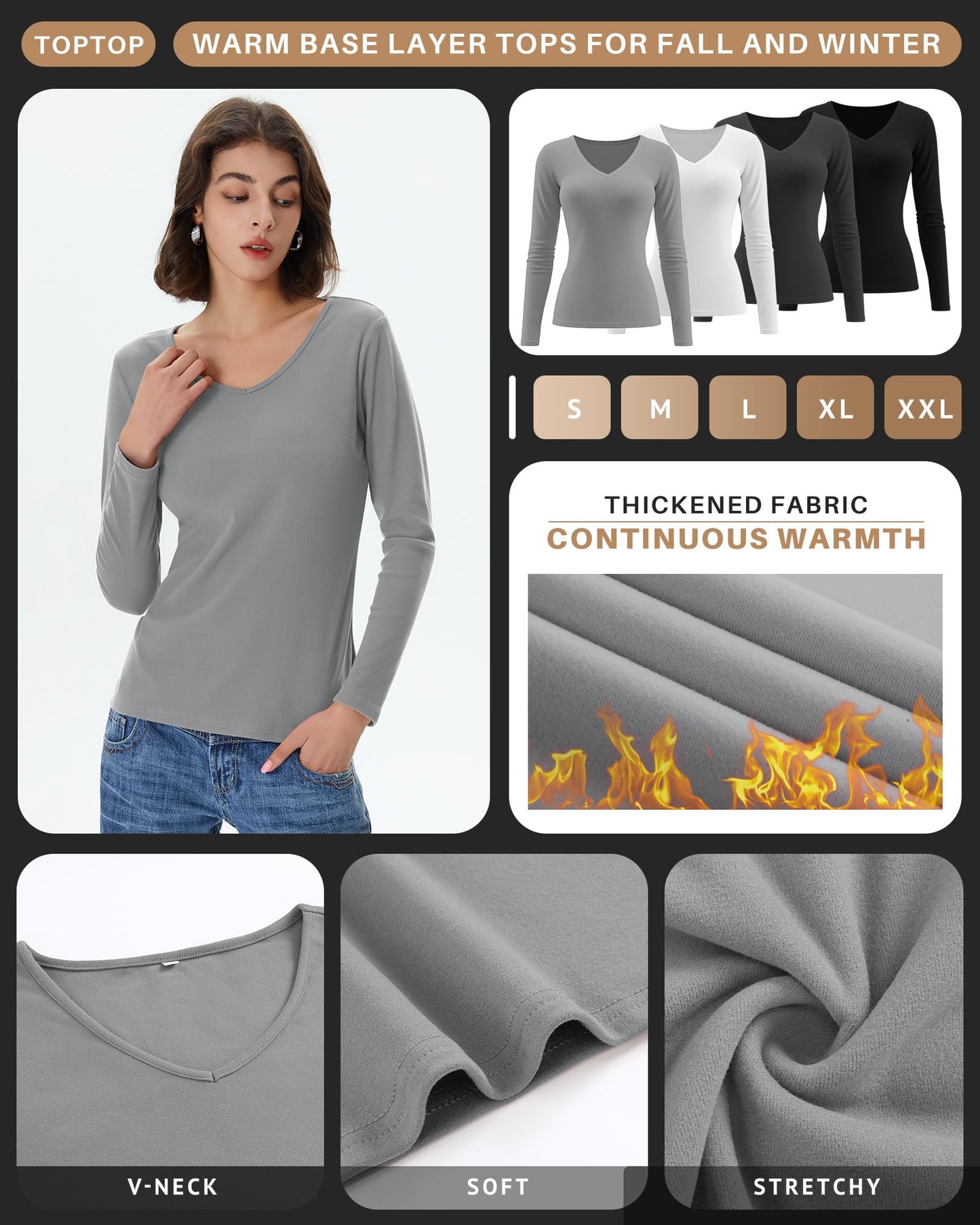 4 Pack Women's Long Sleeve Thermal Shirts Fleece Lined V Neck Slim Fit Underwear Base Layer Basic Winter Warm Tops