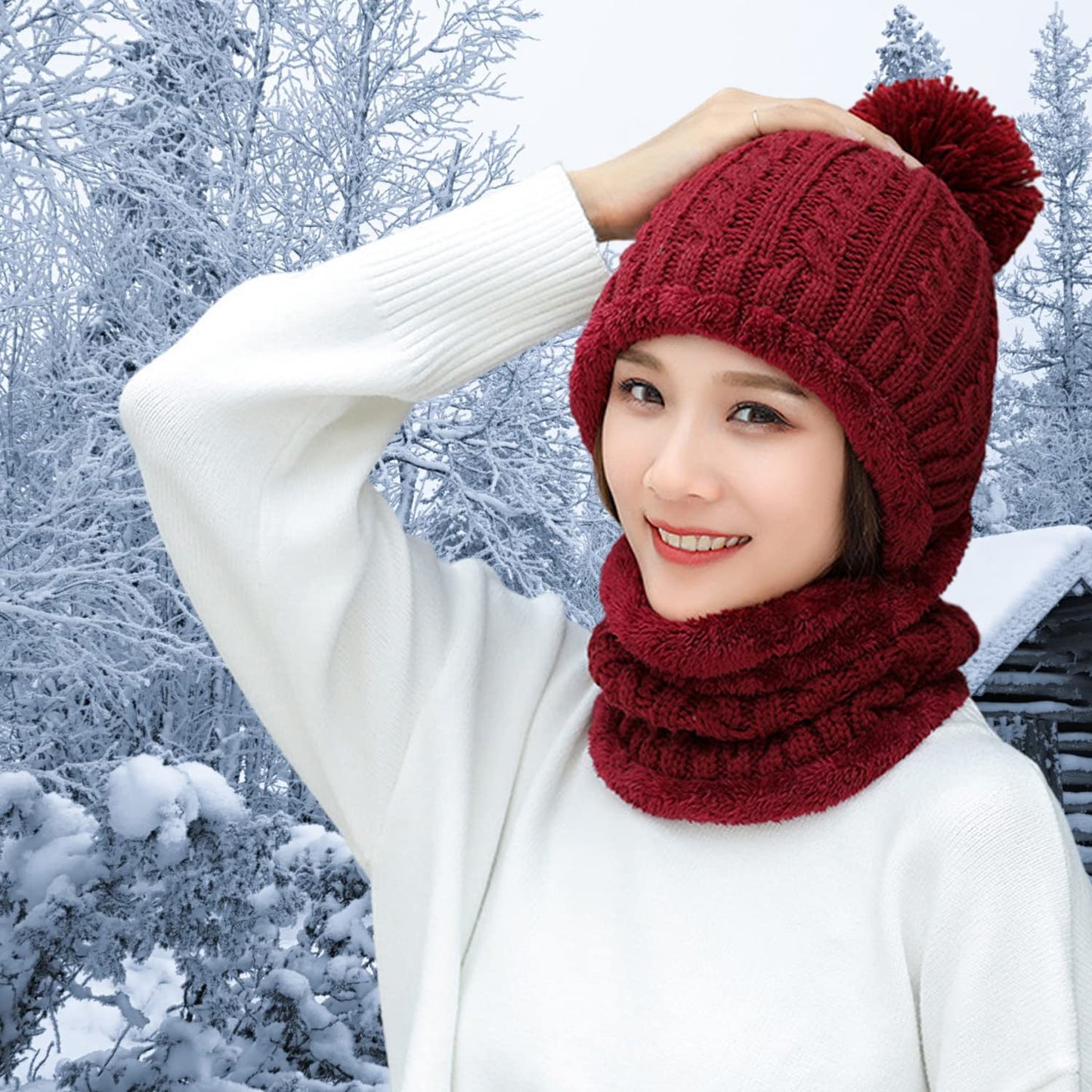 HUAMULAN Women Winter Beanie Hats One Piece Fleece Lined Knit Balaclavas Mask Set Skull Neck Circle Scarf Ski Snow Hat Pompom