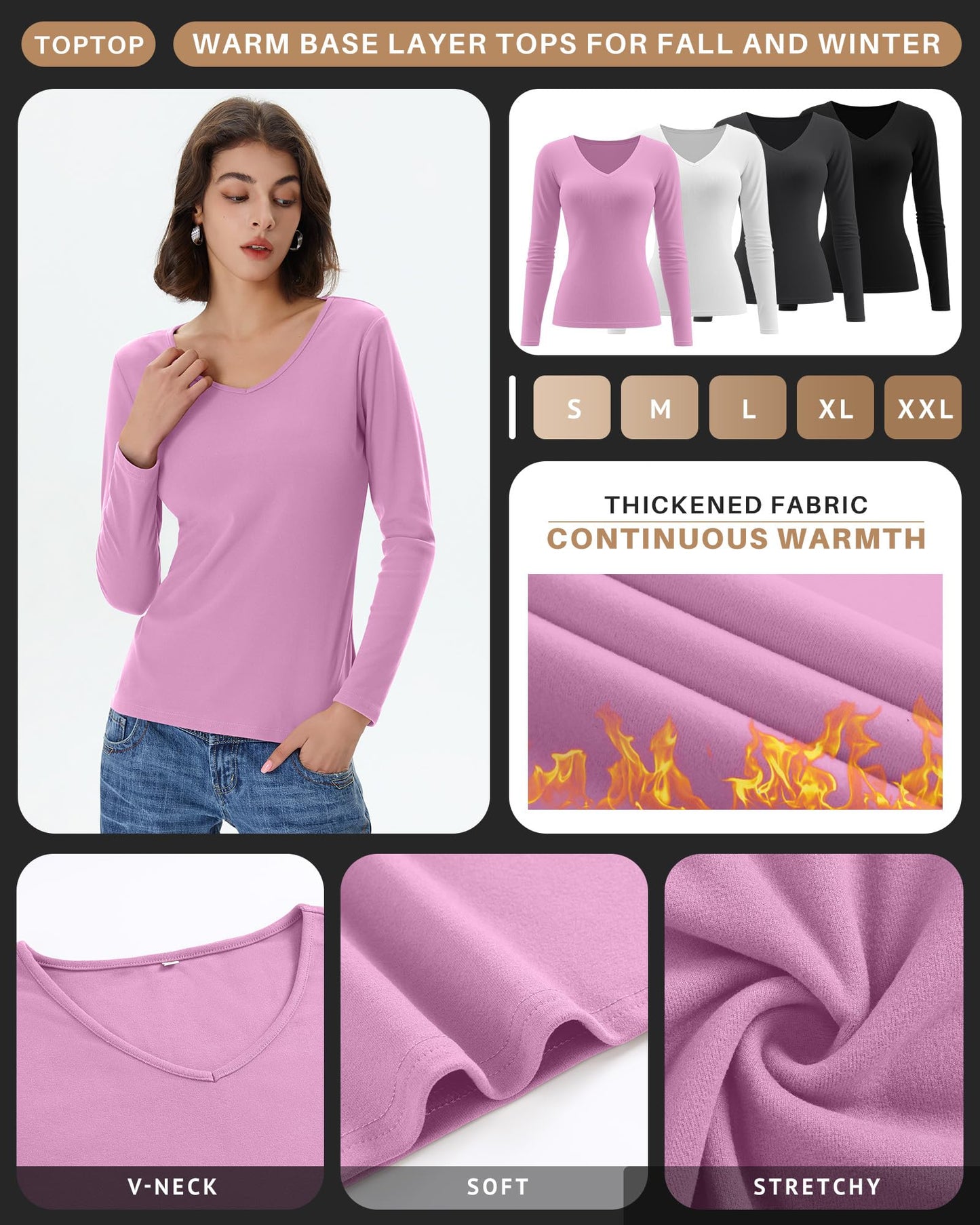 4 Pack Women's Long Sleeve Thermal Shirts Fleece Lined V Neck Slim Fit Underwear Base Layer Basic Winter Warm Tops