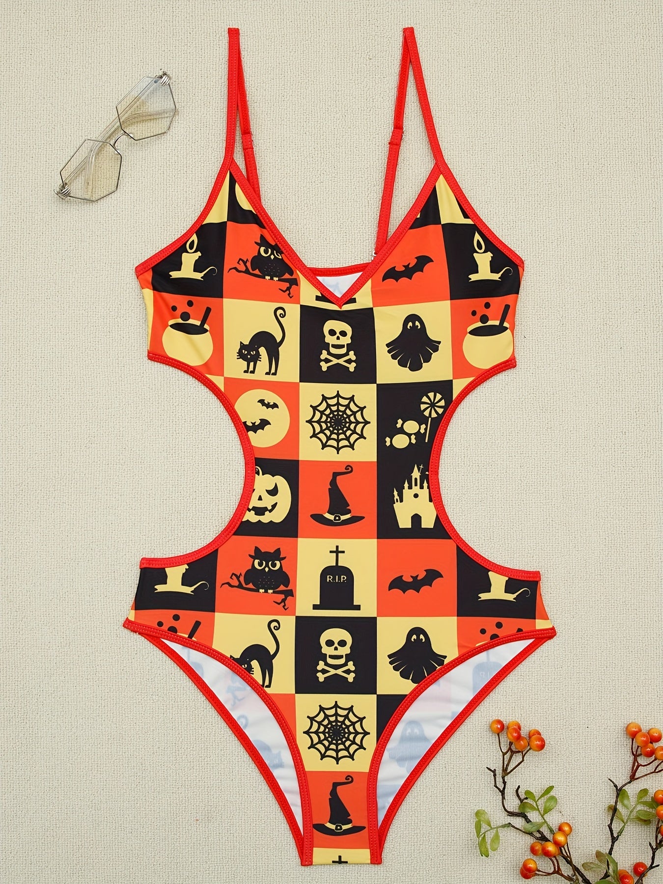 Halloween Cute Cartoon Print Cut Out One-piece Swimsuit, Cat Skull Owl Bat Spider Web Pattern Spaghetti Strap V Neck Stretchy Bathing Suits, Women's Swimwear & Clothing
