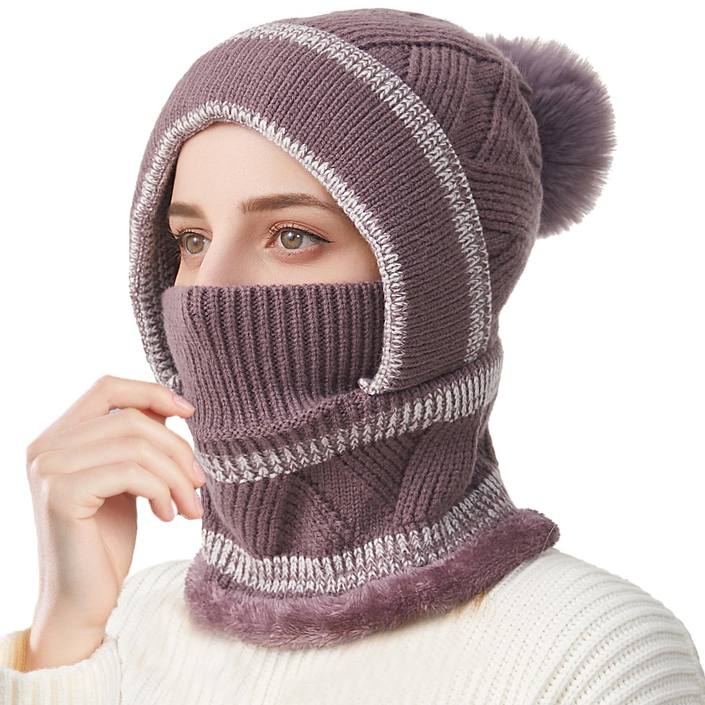 HUAMULAN Women Winter Beanie Hats One Piece Fleece Lined Knit Balaclavas Mask Set Skull Neck Circle Scarf Ski Snow Hat Pompom