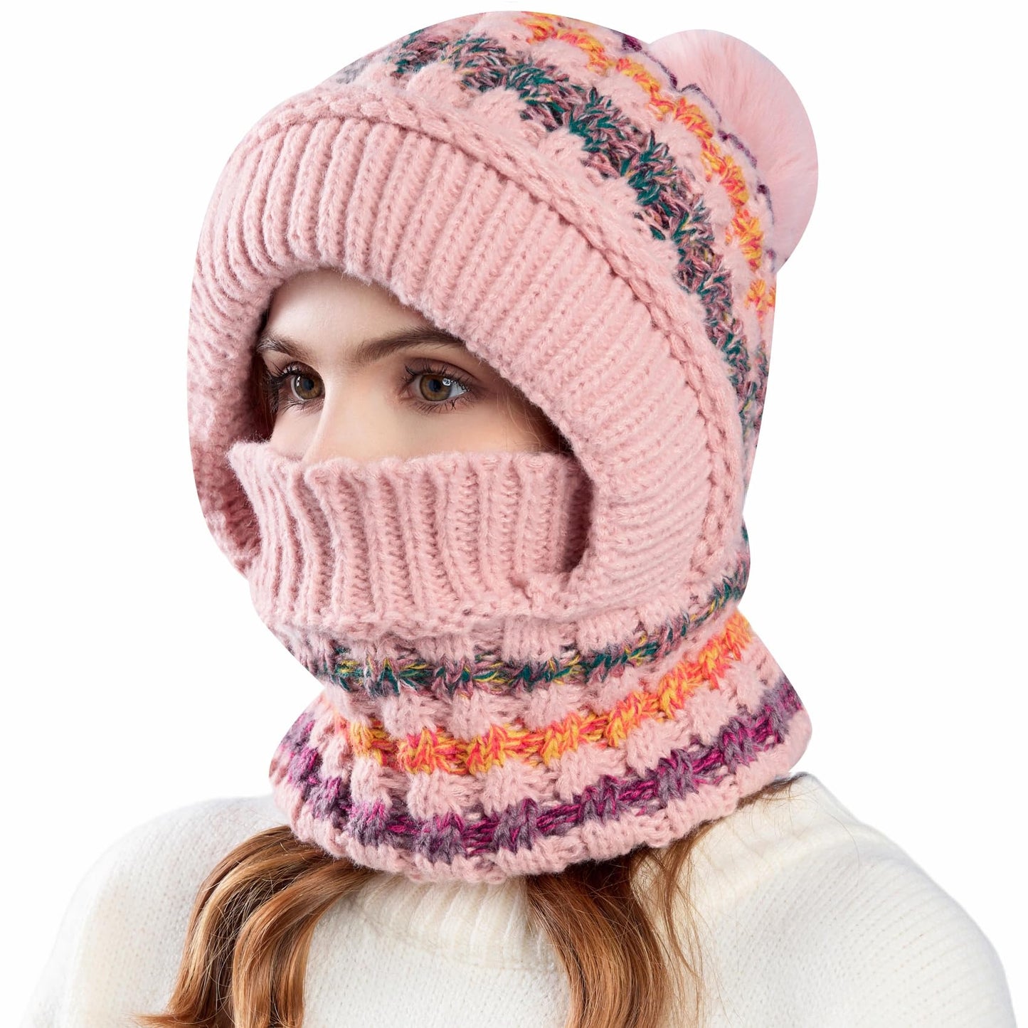 HUAMULAN Women Winter Beanie Hats One Piece Fleece Lined Knit Balaclavas Mask Set Skull Neck Circle Scarf Ski Snow Hat Pompom