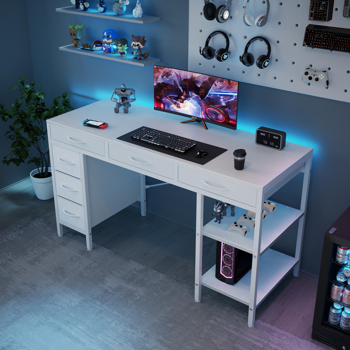 Sweetcrispy 47" Computer Desk with 6 Drawers, Home Office Gaming Desks with Storage Shelves for Bedroom, Writing Study Corner Living Room Work Table Rustic Brown